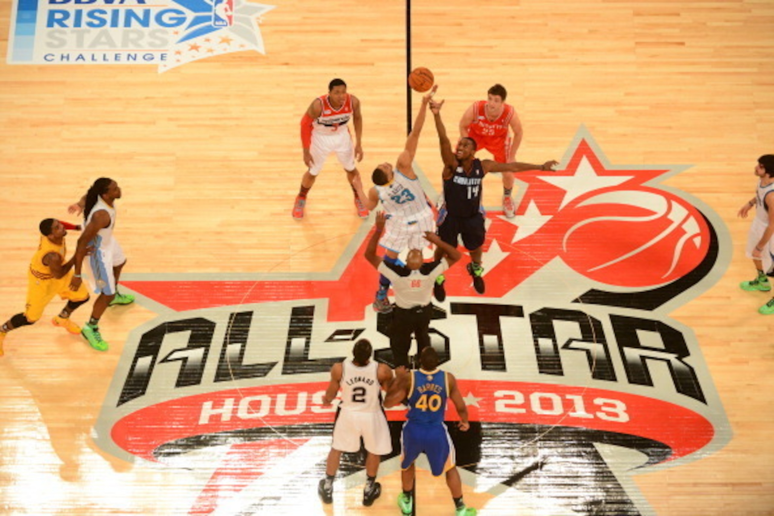 HOUSTON, TX - FEBRUARY 15: Anthony Davis #23 of Team Chuck tips the ball against Michael Kidd-Gilchrist #14 of Team Shaq during 2013 BBVA Rising Stars Challenge at Toyota Center on February 15, 2013 in Houston, Texas. NOTE TO USER: User expressly acknowle HOUSTON, TX - FEBRUARY 15: Anthony Davis #23 of Team Chuck tips the ball against Michael Kidd-Gilchrist #14 of Team Shaq during 2013 BBVA Rising Stars Challenge at Toyota Center on February 15, 2013 in Houston, Texas. NOTE TO USER: User expressly acknowle