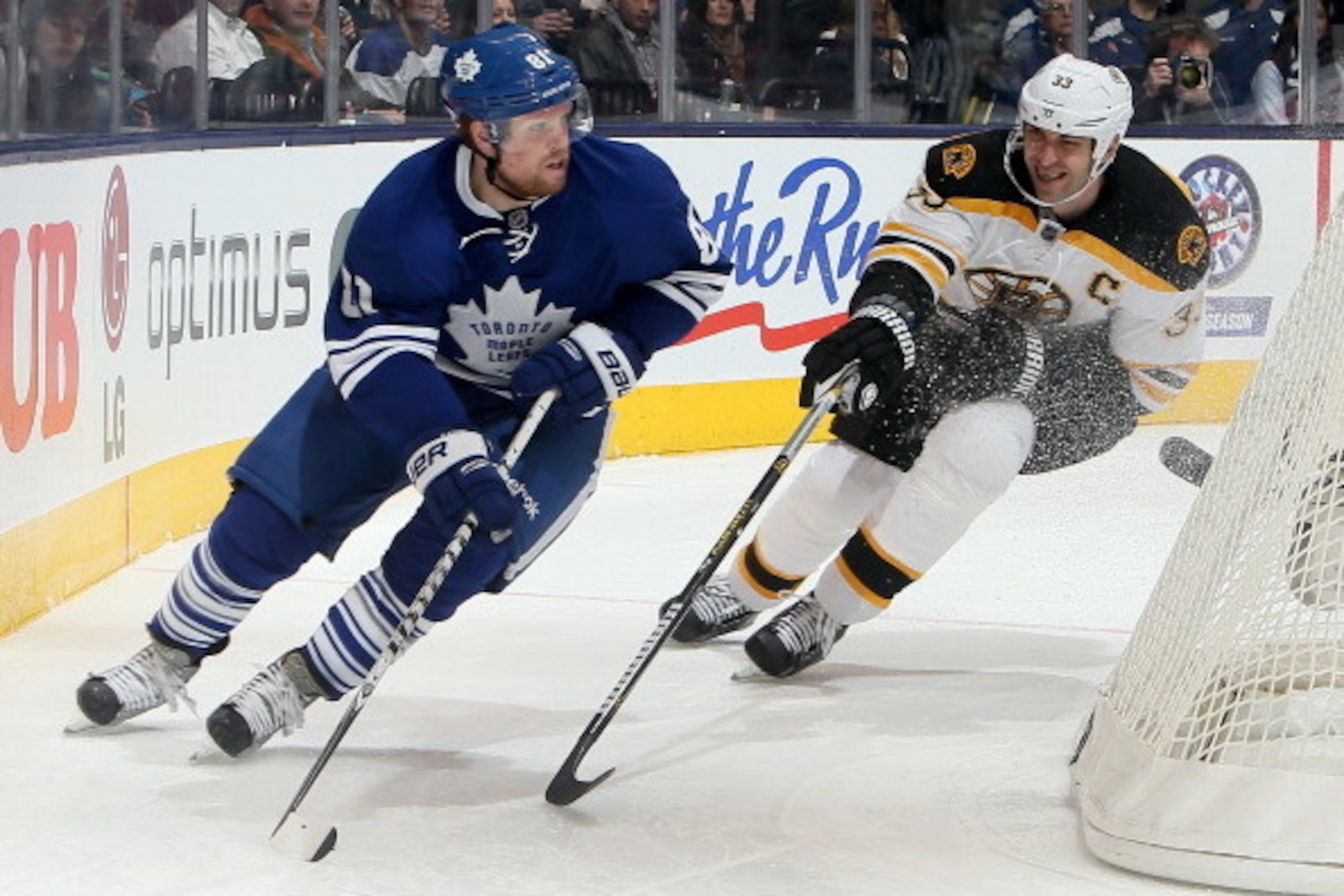 TORONTO, CANADA - FEBRUARY 2: Phil Kessel #81 of the Toronto Maple Leafs gets around Zdeno Chara #33 of the Boston Bruins during NHL action at the Air Canada Centre February 2, 2013 in Toronto, Ontario, Canada.  (Photo by Abelimages/Getty Images)