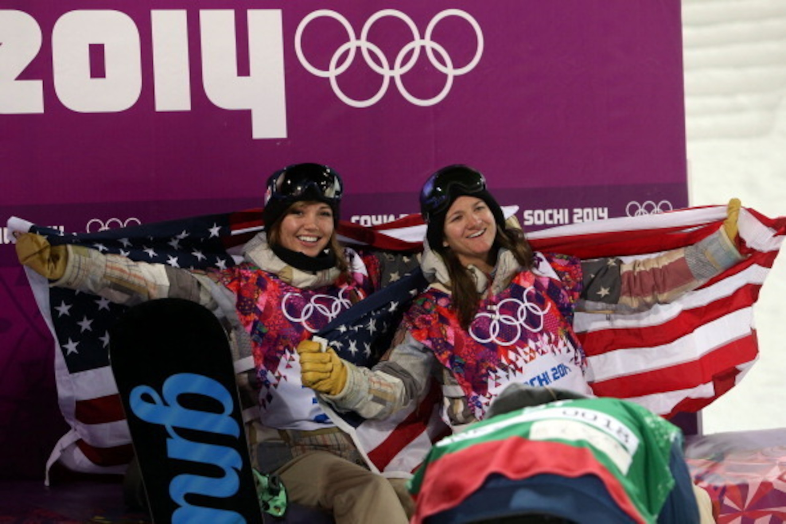 SOCHI, RUSSIA - FEBRUARY 12: (FRANCE OUT) Kaitlyn Farrington of USA wins the gold medal, Kelly Clark wins the bronze medal during the Snowboarding Women's Halfpipe at the Rosa Khutor Extreme Park on February 12, 2014 in Sochi, Russia. (Photo by Christophe