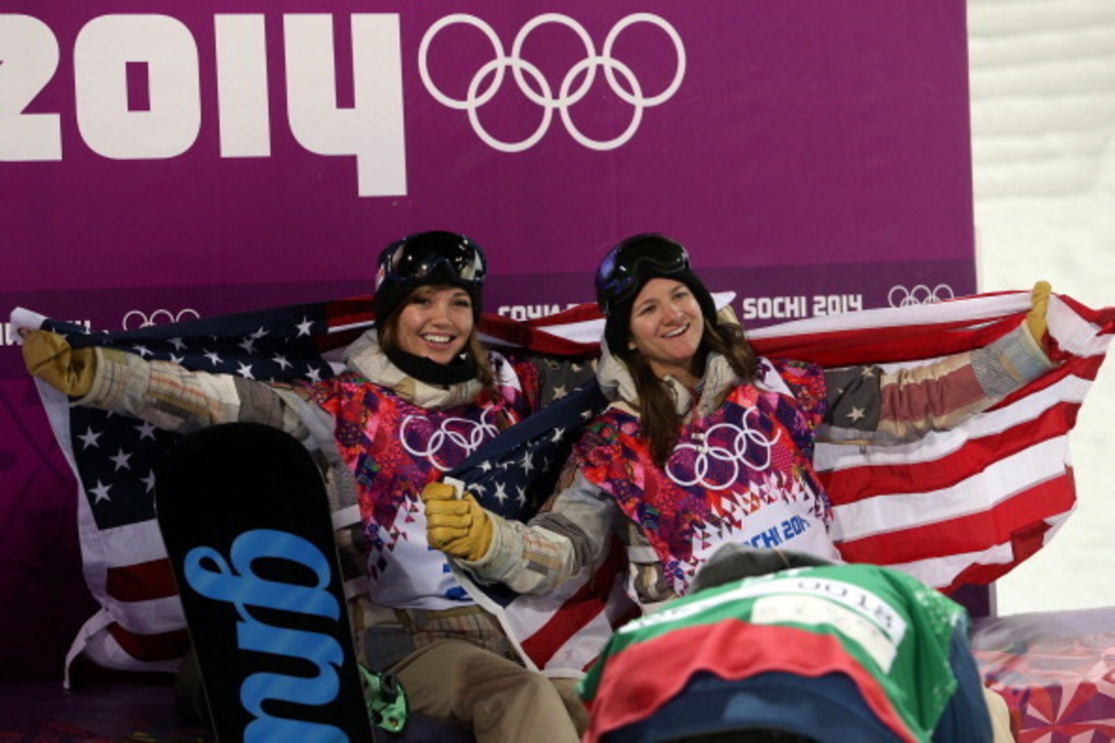 SOCHI, RUSSIA - FEBRUARY 12: (FRANCE OUT) Kaitlyn Farrington of USA wins the gold medal, Kelly Clark wins the bronze medal during the Snowboarding Women's Halfpipe at the Rosa Khutor Extreme Park on February 12, 2014 in Sochi, Russia. (Photo by Christophe