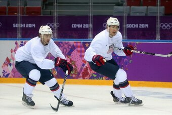 SOCHI, RUSSIA - FEBRUARY 10: (L-R) Kevin Shattenkirk #22 and James van Riemsdyk #21 of Team USA practice on day three of the Sochi 2014 Winter Olympics at Bolshoy Arena on February 10, 2014 in Sochi, Russia.  (Photo by Bruce Bennett/Getty Images)