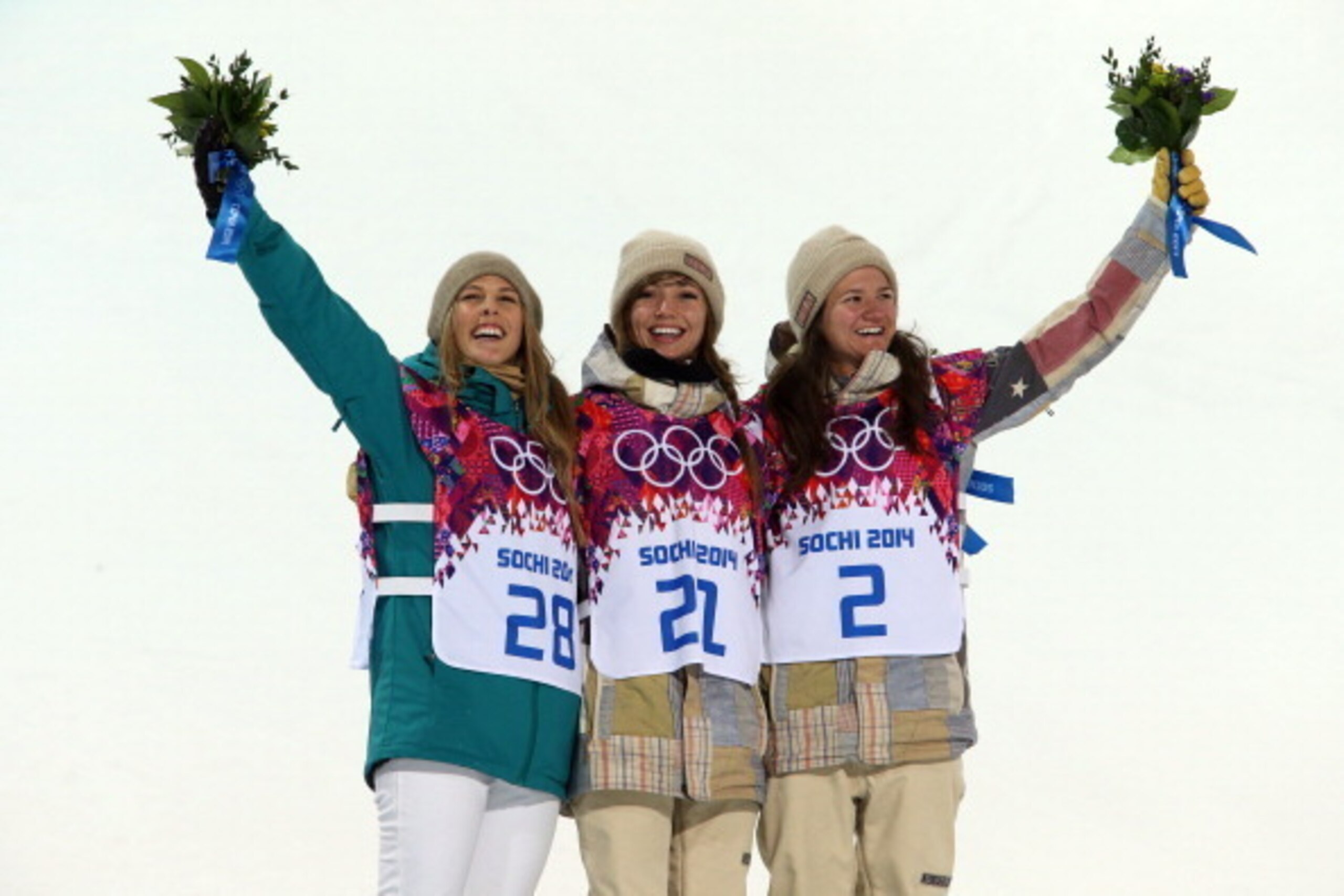 SOCHI, RUSSIA - FEBRUARY 12: (FRANCE OUT) Kaitlyn Farrington of USA wins the gold medal, Torah Bright of Australia wins the silver medal, Kelly Clark wins the bronze medal during the Snowboarding Women's Halfpipe at the Rosa Khutor Extreme Park on Februar