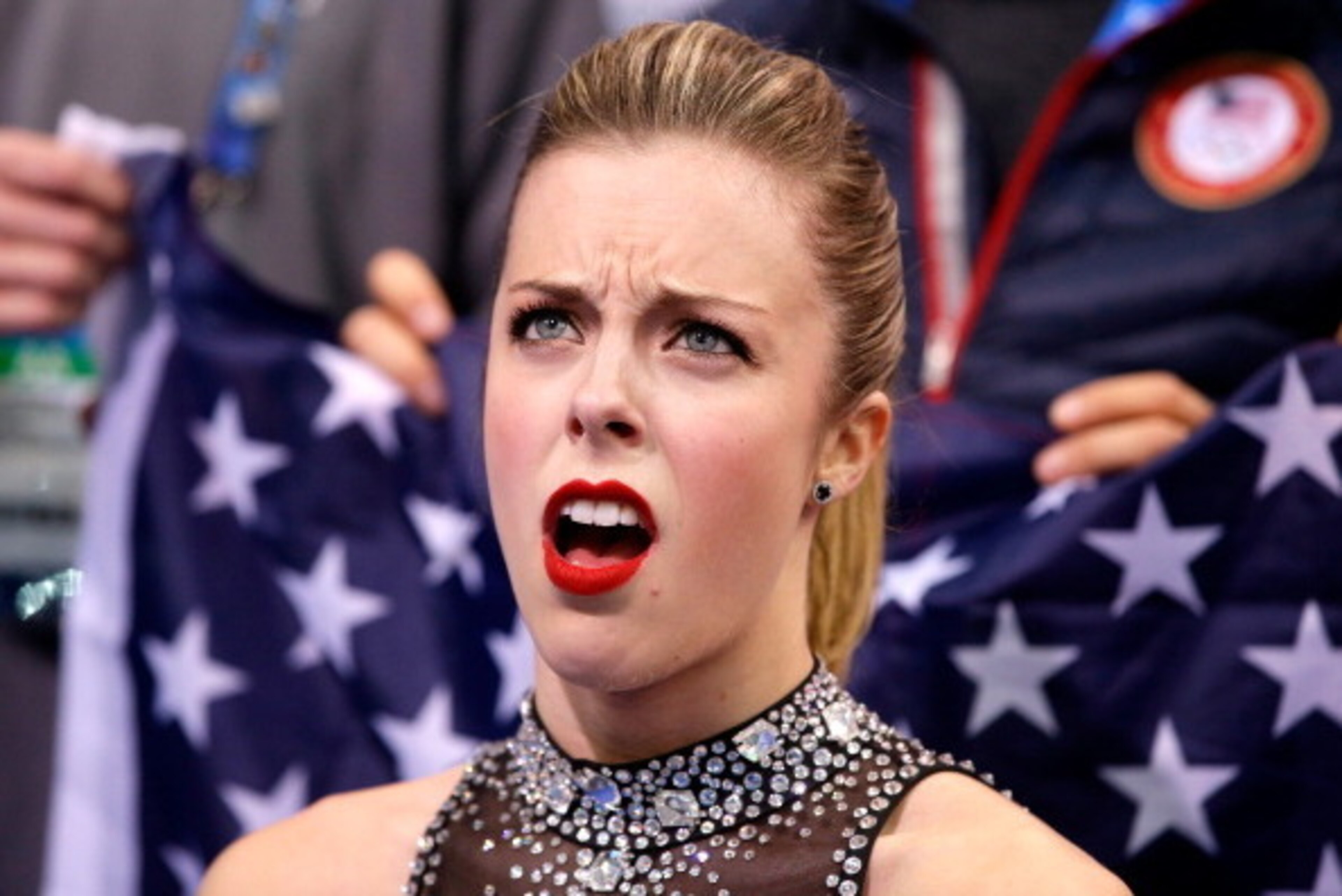 SOCHI, RUSSIA - FEBRUARY 08:  Ashley Wagner of the United States reacts to her score after competing in the Figure Skating Team Ladies Short Program during day one of the Sochi 2014 Winter Olympics at Iceberg Skating Palace on February 8, 2014 in Sochi, R