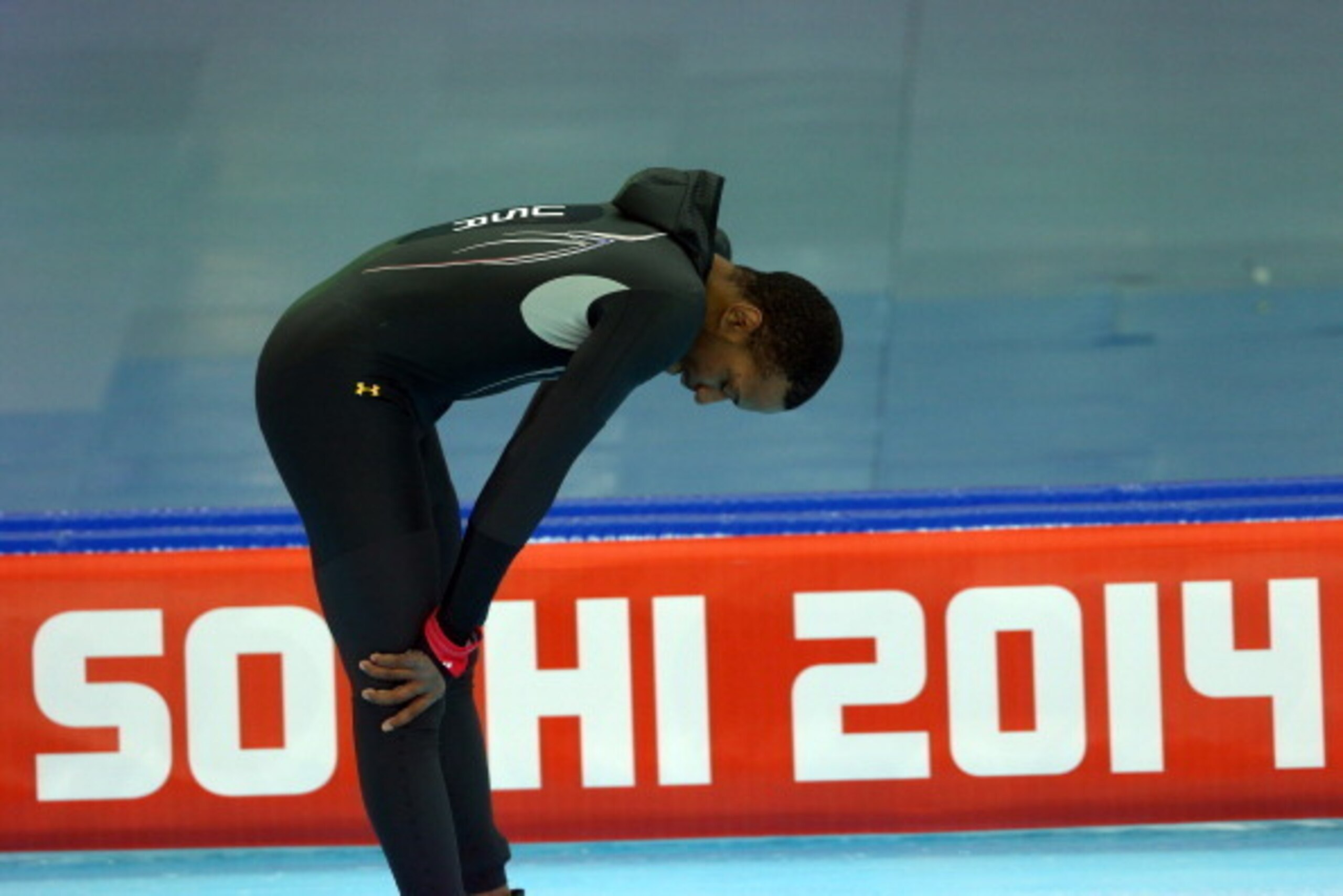 SOCHI, RUSSIA - FEBRUARY 10:  Shani Davis of the United States reacts after competing during the Men's 500 m Race 2 of 2 Speed Skating event during day 3 of the Sochi 2014 Winter Olympics at Adler Arena Skating Center on February 10, 2014 in Sochi, Russia