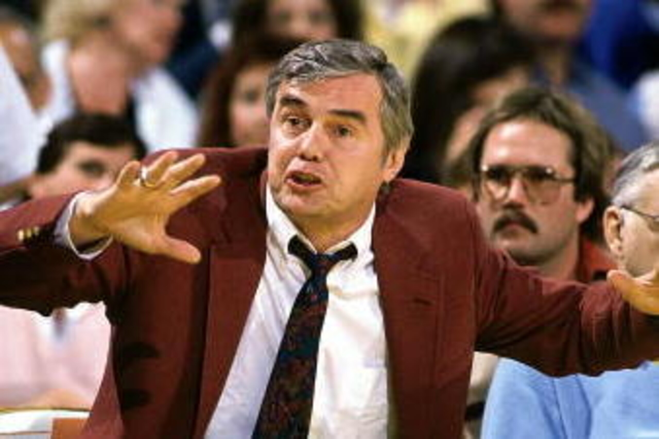 DENVER - 1985: Doug Moe head coach of the Denver Nuggets shows emotion during an NBA game in Denver, Colorado. NOTE TO USER: User expressly acknowledges and agrees that, by downloading and or using this photograph, User is consenting to the terms and co DENVER - 1985: Doug Moe head coach of the Denver Nuggets shows emotion during an NBA game in Denver, Colorado. NOTE TO USER: User expressly acknowledges and agrees that, by downloading and or using this photograph, User is consenting to the terms and co