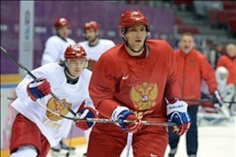 Feb 11, 2014; Sochi, RUSSIA; Russia forward Alex Ovechkin (8) during an ice hockey training session for the Sochi 2014 Olympic Winter Games at Bolshoy Arena. Mandatory Credit: Jayne Kamin-Oncea-USA TODAY Sports