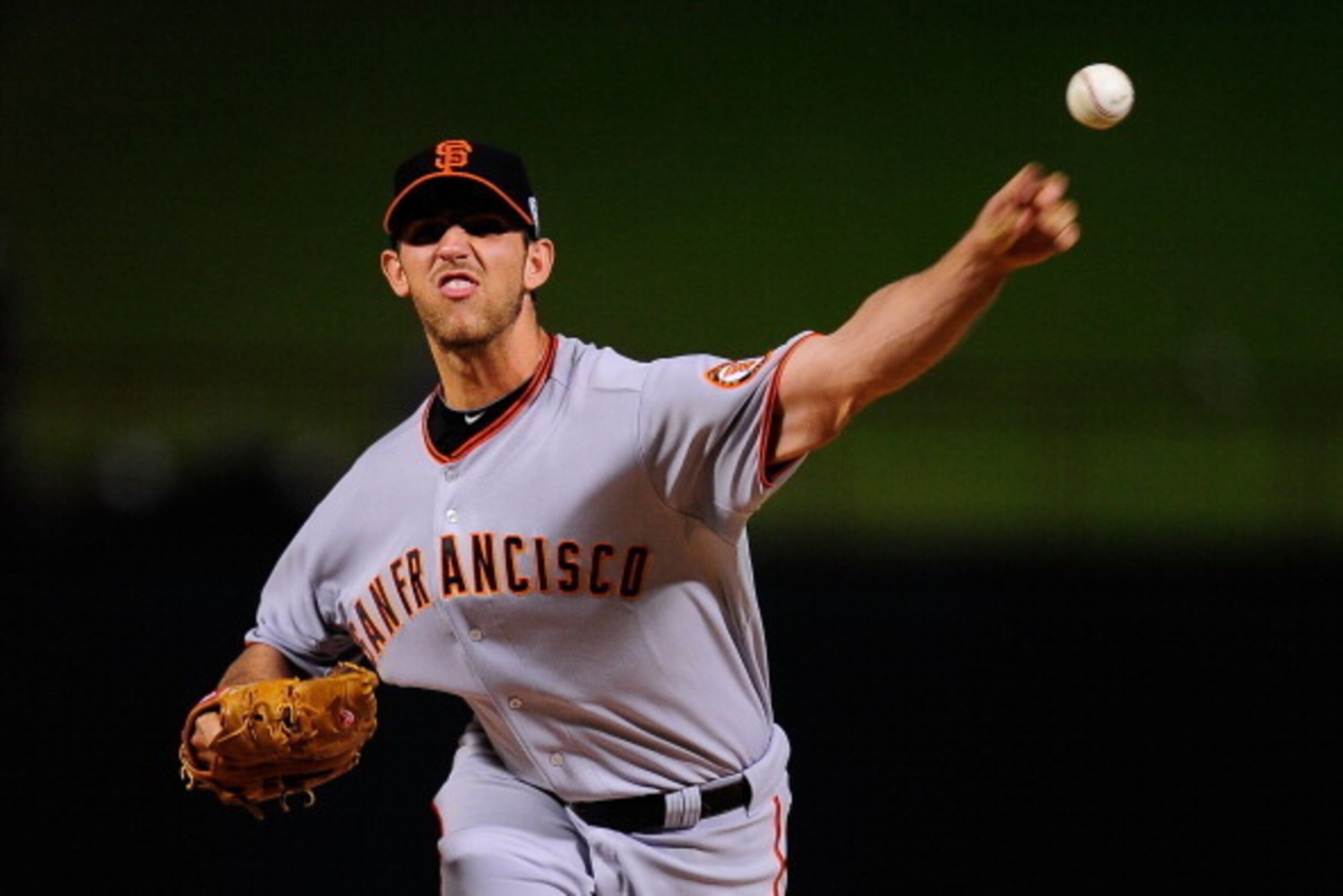 ARLINGTON, TX - OCTOBER 31:  Starting pitcher Madison Bumgarner #40 of the San Francisco Giants pitches against the Texas Rangers in Game Four of the 2010 MLB World Series at Rangers Ballpark in Arlington on October 31, 2010 in Arlington, Texas.  (Photo b