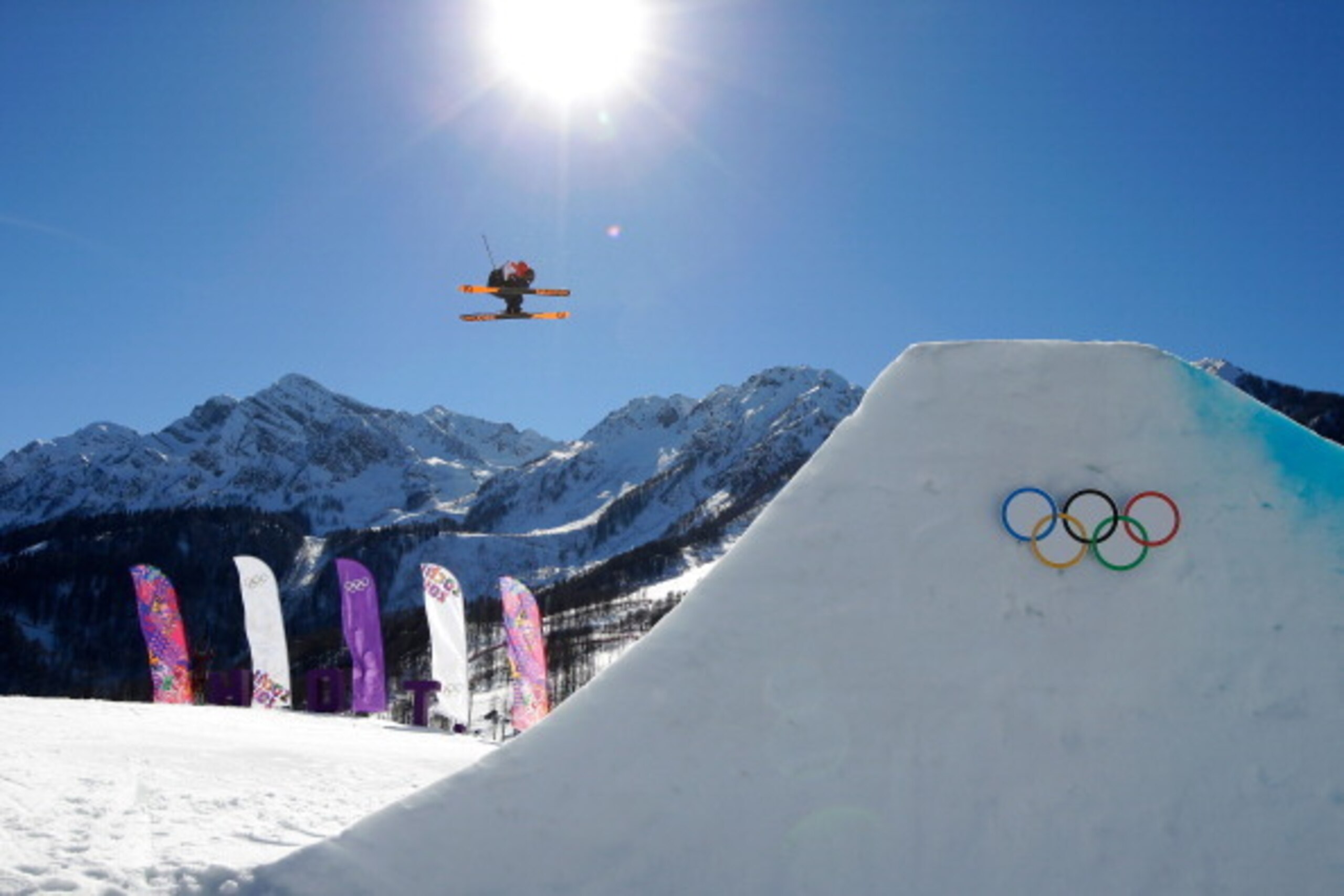 SOCHI, RUSSIA - FEBRUARY 13: James Woods of Great Britain competes in the Freestyle Skiing Men's Ski Slopestyle Finals during day six of the Sochi 2014 Winter Olympics at Rosa Khutor Extreme Park on February 13, 2014 in Sochi, Russia.  (Photo by Ezra Shaw