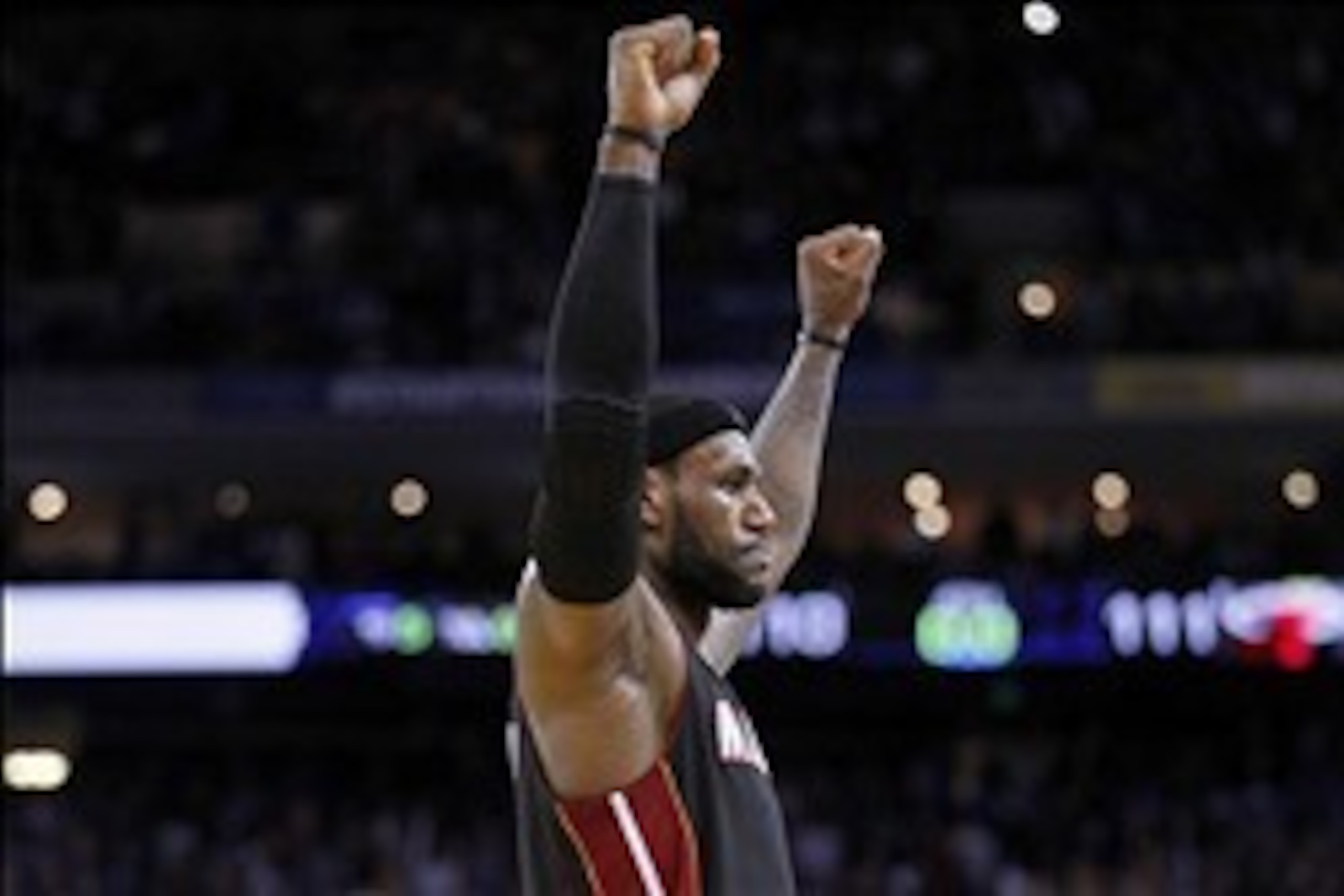 Feb 12, 2014; Oakland, CA, USA; Miami Heat forward LeBron James (6) reacts after the Heat defeated the Golden State Warriors 111-110 at Oracle Arena. Mandatory Credit: Cary Edmondson-USA TODAY Sports