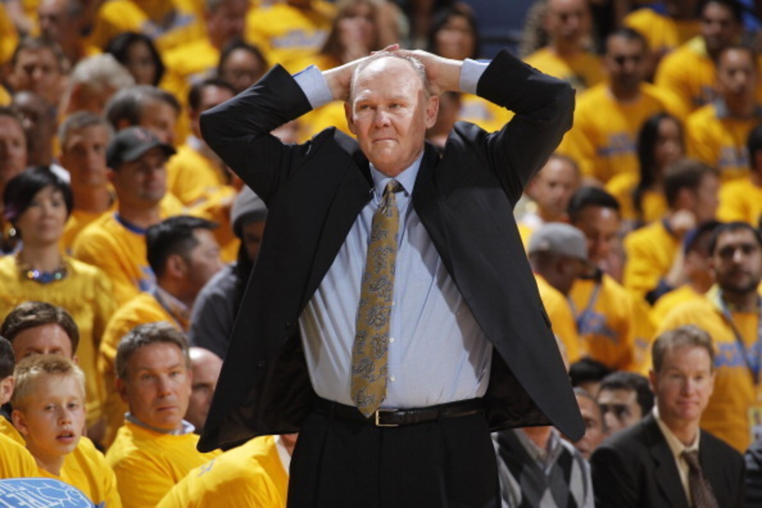 OAKLAND, CA - MAY 2: Head Coach George Karl of the Denver Nuggets frustrated with the play of his team against the Golden State Warriors in Game Six of the Western Conference Quarterfinals during the 2013 NBA Playoffs on May 2, 2013 at Oracle Arena in Oak