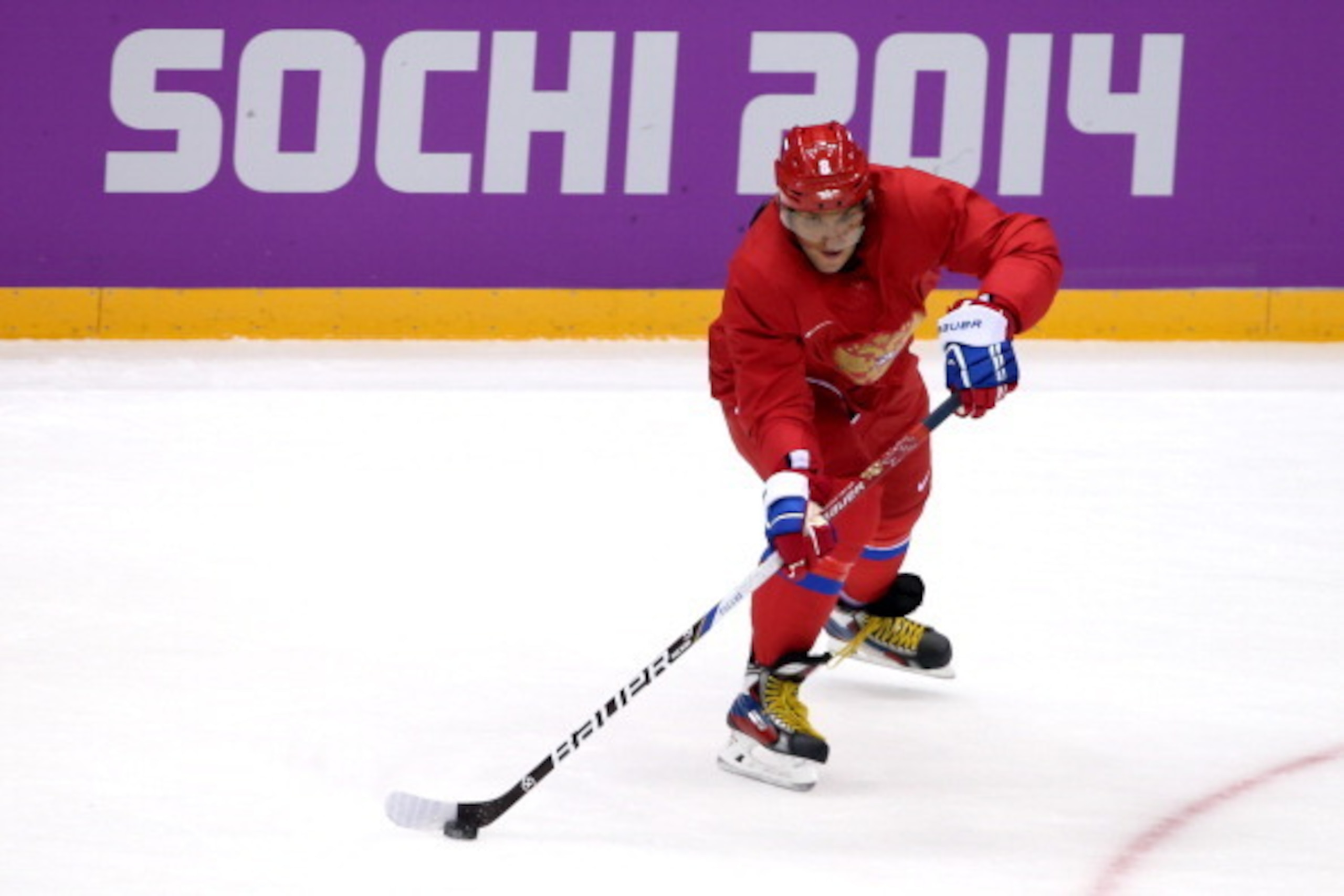 SOCHI, RUSSIA - FEBRUARY 10:  Alex Ovechkin #8 of Russia practices on day three of the Sochi 2014 Winter Olympics at Bolshoy Arena on February 10, 2014 in Sochi, Russia.  (Photo by Bruce Bennett/Getty Images)