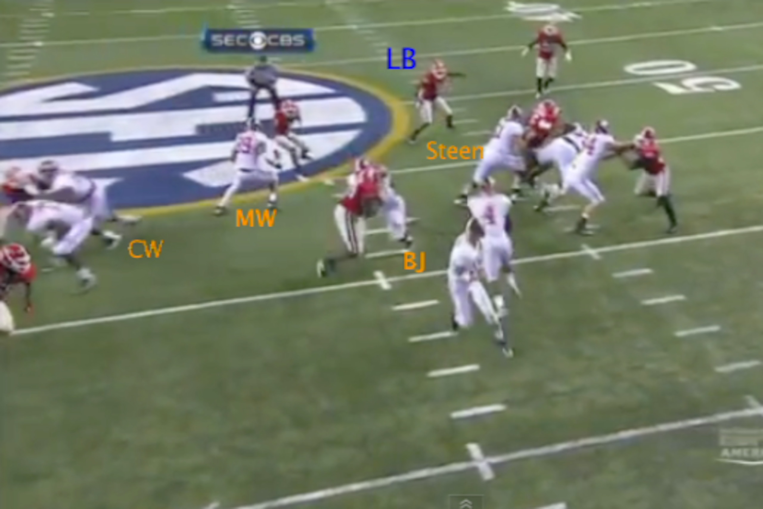Jones (BJ) and the rest of the offensive line opened up massive craters in the 2012 SEC Championship Game by outsmarting their opponents.