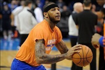 Feb 9, 2014; Oklahoma City, OK, USA; New York Knicks small forward Carmelo Anthony warms up prior to the game against the Oklahoma City Thunder at Chesapeake Energy Arena. Mandatory Credit: Mark D. Smith-USA TODAY Sports