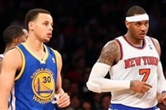 Feb. 27, 2013; New York, NY, USA; Golden State Warriors point guard Stephen Curry (30) and New York Knicks small forward Carmelo Anthony (7) on the court during the fourth quarter at Madison Square Garden. Knicks won 109-105. Mandatory Credit: Debby Wong-