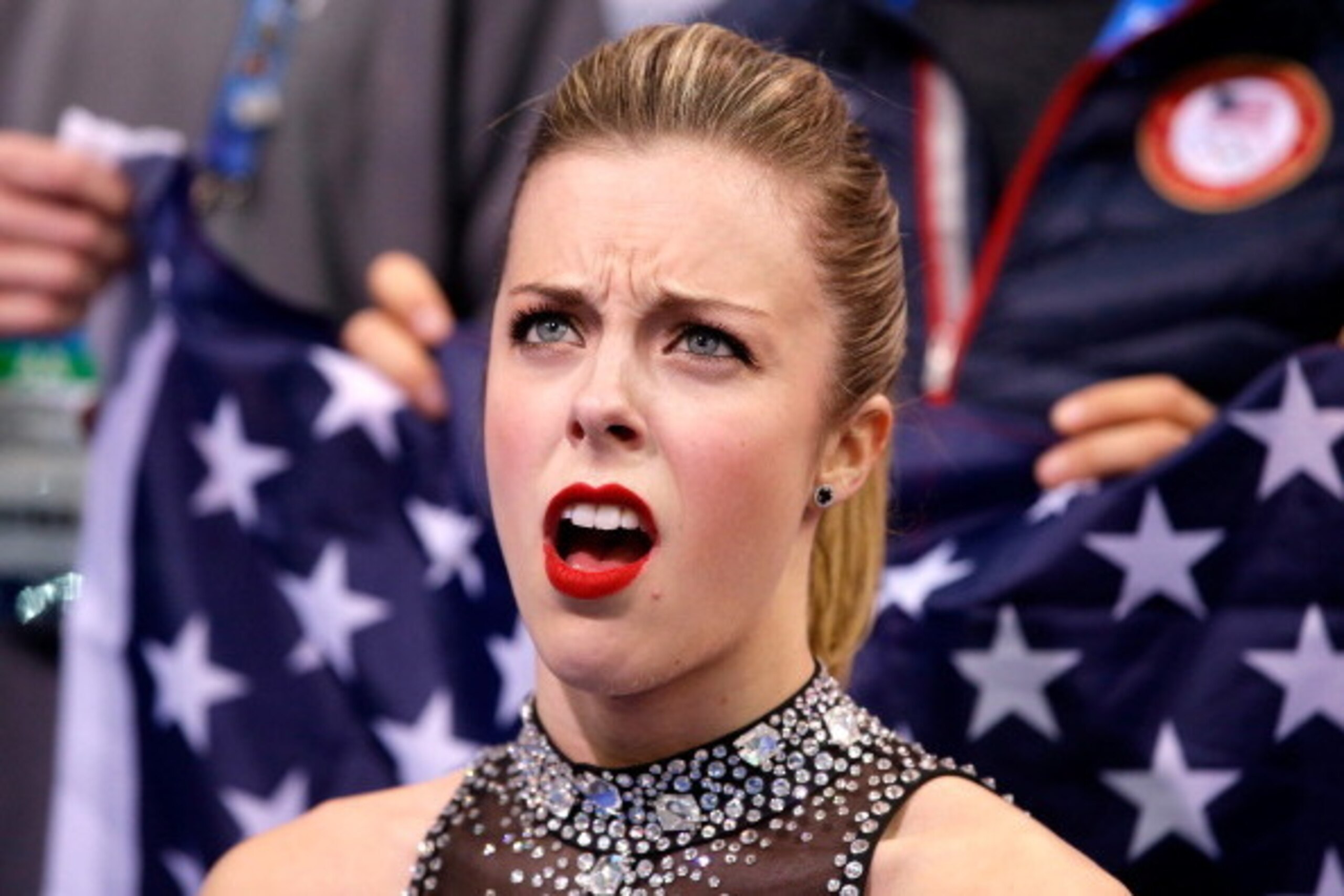SOCHI, RUSSIA - FEBRUARY 08:  Ashley Wagner of the United States reacts to her score after competing in the Figure Skating Team Ladies Short Program during day one of the Sochi 2014 Winter Olympics at Iceberg Skating Palace on February 8, 2014 in Sochi, R