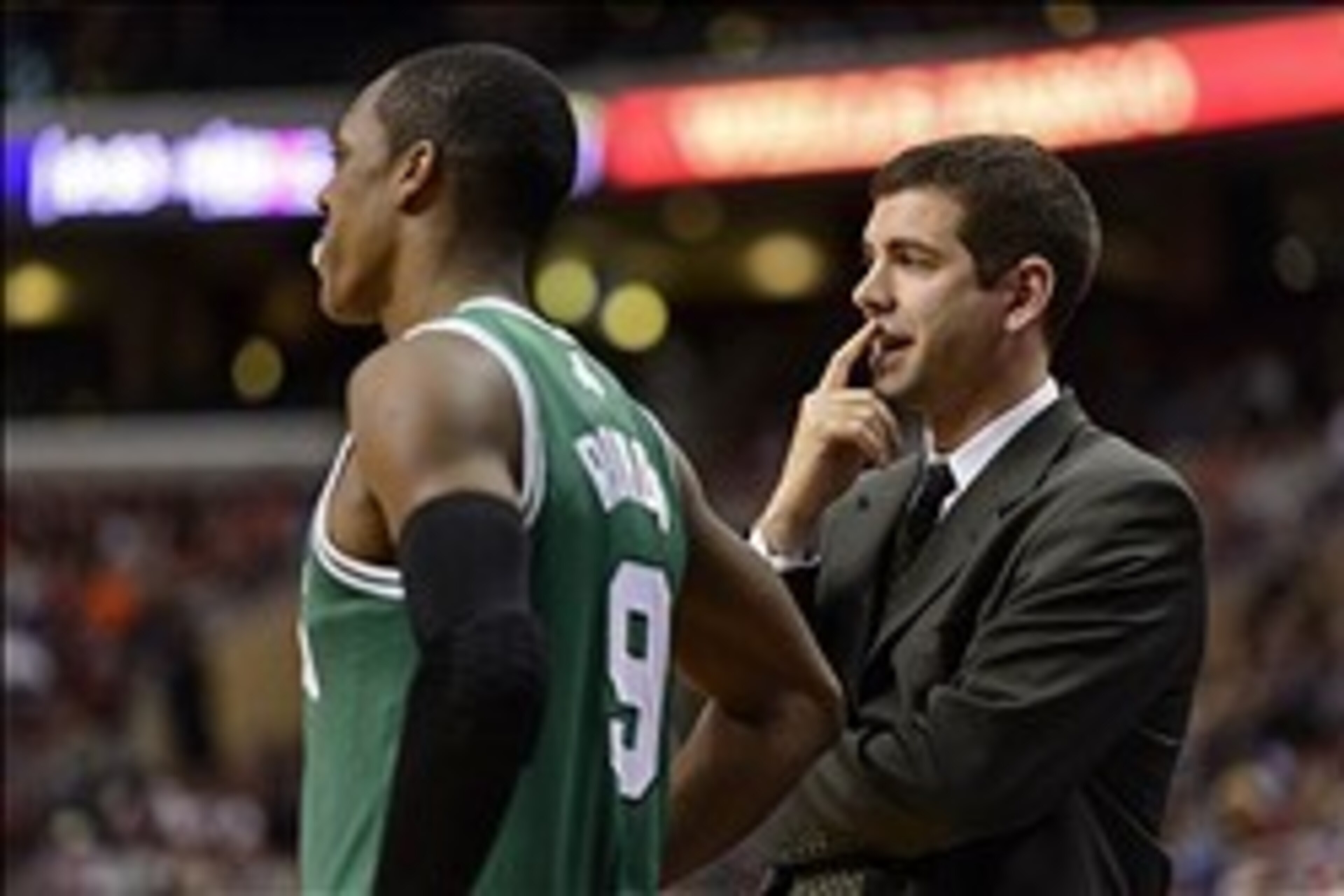 Feb 5, 2014; Philadelphia, PA, USA; Boston Celtics head coach Brad Stevens talks with guard Rajon Rondo (9) during the fourth quarter against the Philadelphia 76ers at the Wells Fargo Center. The Celtics defeated the Sixers 114-108. Mandatory Credit: Howa Feb 5, 2014; Philadelphia, PA, USA; Boston Celtics head coach Brad Stevens talks with guard Rajon Rondo (9) during the fourth quarter against the Philadelphia 76ers at the Wells Fargo Center. The Celtics defeated the Sixers 114-108. Mandatory Credit: Howa