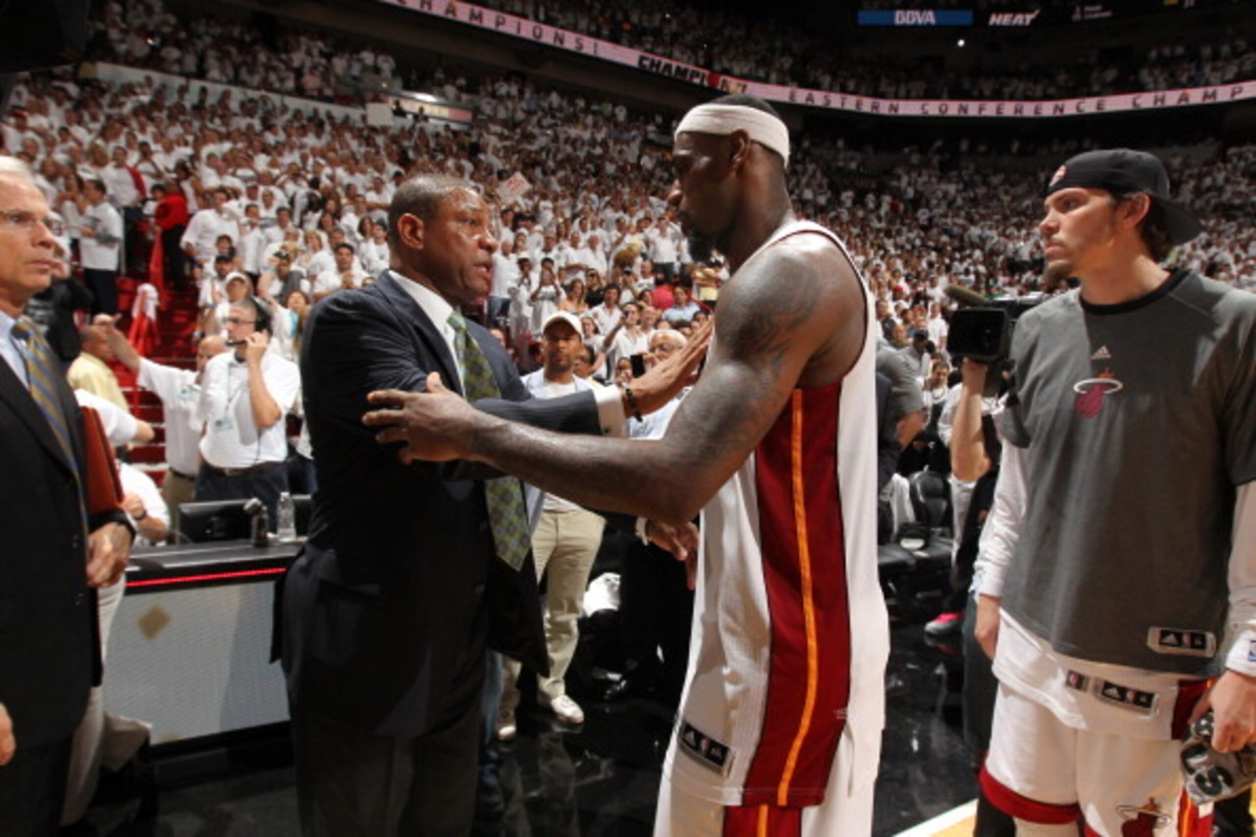 MIAMI, FL - JUNE 9: Head Coach Doc Rivers of the Boston Celtics congratulates LeBron James #6 of the Miami Heat in Game Seven of the Eastern Conference Finals between the Boston Celtics and the Miami Heat during the 2012 NBA Playoffs on June 9, 2012 at Am
