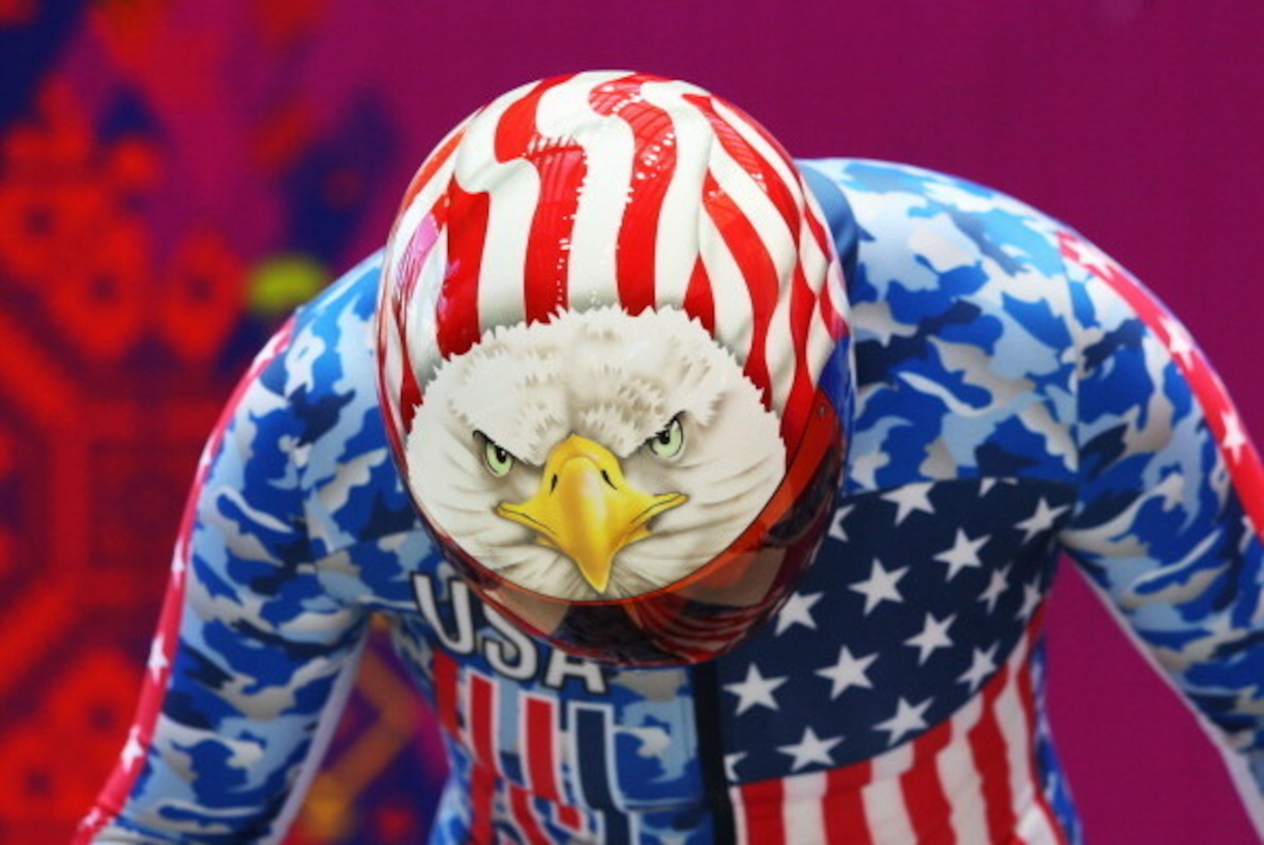 SOCHI, RUSSIA - FEBRUARY 08:  Katie Uhlaender of the United States shows a bald eagle design on her helmet as she prepares to make a run during a Women's Skeleton training session on Day 1 of the Sochi 2014 Winter Olympics at the Sanki Sliding Center on F