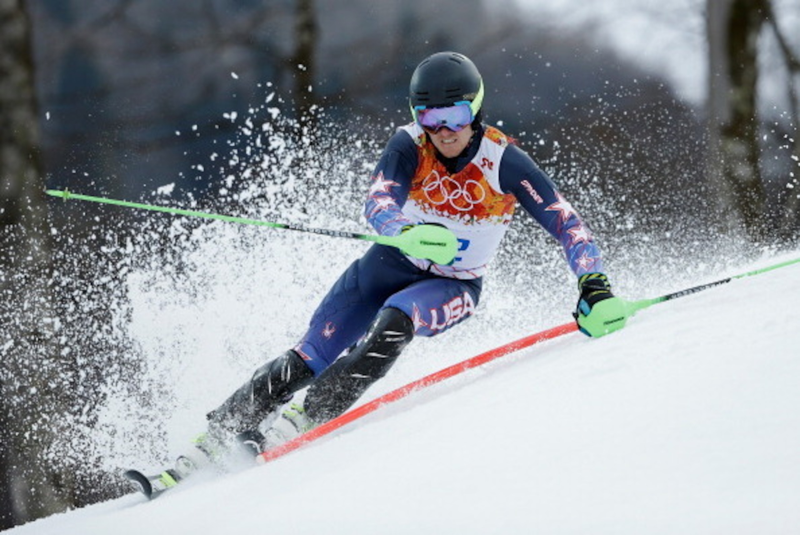 SOCHI, RUSSIA - FEBRUARY 14: Ted Ligety of the United States competes during the Alpine Skiing Men's Super Combined Downhill on day 7 of the Sochi 2014 Winter Olympics at Rosa Khutor Alpine Center on February 14, 2014 in Sochi, Russia.  (Photo by Ezra Sha