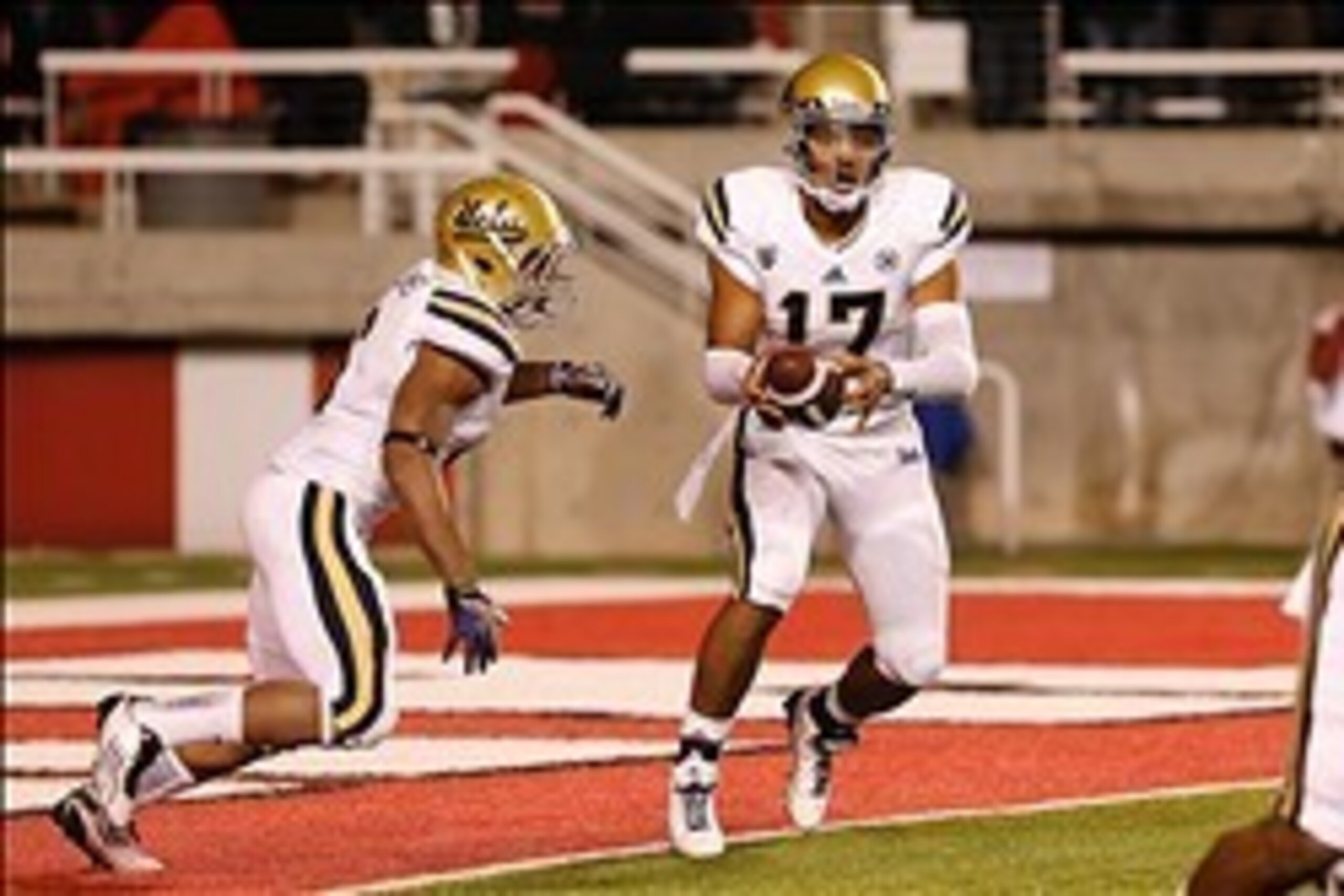 Oct 3, 2013; Salt Lake City, UT, USA; UCLA Bruins quarterback Brett Hundley (17) hands the ball off to running back Jordon James (6) during the second quarter against the Utah Utes at Rice-Eccles Stadium. Mandatory Credit: Chris Nicoll-USA TODAY Sports Oct 3, 2013; Salt Lake City, UT, USA; UCLA Bruins quarterback Brett Hundley (17) hands the ball off to running back Jordon James (6) during the second quarter against the Utah Utes at Rice-Eccles Stadium. Mandatory Credit: Chris Nicoll-USA TODAY Sports