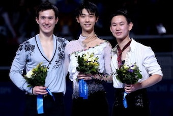 SOCHI, RUSSIA - FEBRUARY 14:  Patrick Chan of Canada poses after winning the silver, Yuzuru Hanyu of Japan after winning the gold and Denis Ten of Kazakhstan after winning the bronze in the Figure Skating Men's Free Skating on day seven of the Sochi 2014 