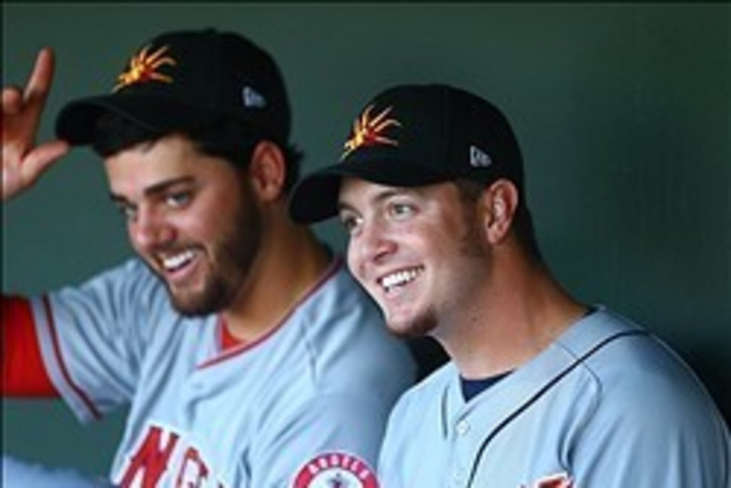 Nov 2, 2013; Surprise, AZ, USA; Detroit Tigers pitcher Corey Knebel (right) and Los Angeles Angels pitcher Cam Bedrosian against the West during the Fall Stars Game at Surprise Stadium. Mandatory Credit: Mark J. Rebilas-USA TODAY Sports