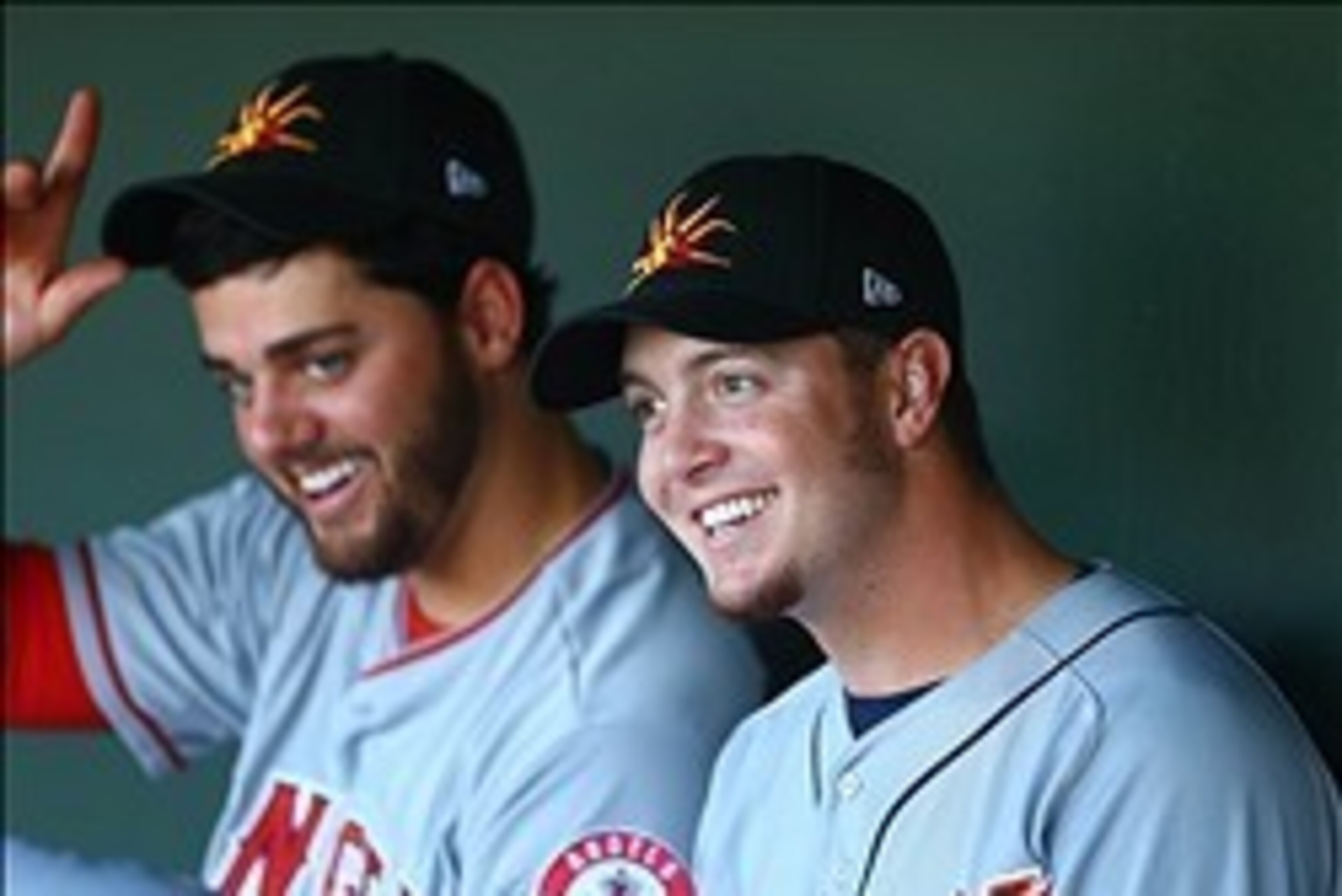 Nov 2, 2013; Surprise, AZ, USA; Detroit Tigers pitcher Corey Knebel (right) and Los Angeles Angels pitcher Cam Bedrosian against the West during the Fall Stars Game at Surprise Stadium. Mandatory Credit: Mark J. Rebilas-USA TODAY Sports