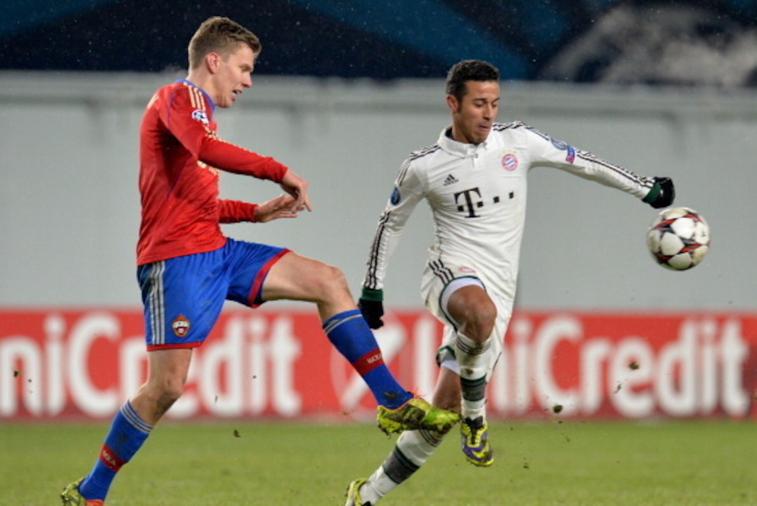 KHIMKI, RUSSIA - NOVEMBER 27: Pontus Wernbloom (L) of PFC CSKA Moscow in action against Thiago Alcantara of FC Bayern Muenchen during the UEFA Champions League Group D match between PFC CSKA Moscow and FC Bayern Muenchen at the Arena Khimki Stadium on Nov KHIMKI, RUSSIA - NOVEMBER 27: Pontus Wernbloom (L) of PFC CSKA Moscow in action against Thiago Alcantara of FC Bayern Muenchen during the UEFA Champions League Group D match between PFC CSKA Moscow and FC Bayern Muenchen at the Arena Khimki Stadium on Nov