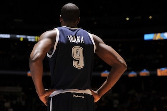 DENVER, CO - January 9: Serge Ibaka #9 of the Oklahoma City Thunder looks on during the game against the Denver Nuggets on January 9, 2014 at the Pepsi Center in Denver, Colorado. NOTE TO USER: User expressly acknowledges and agrees that, by downloading a