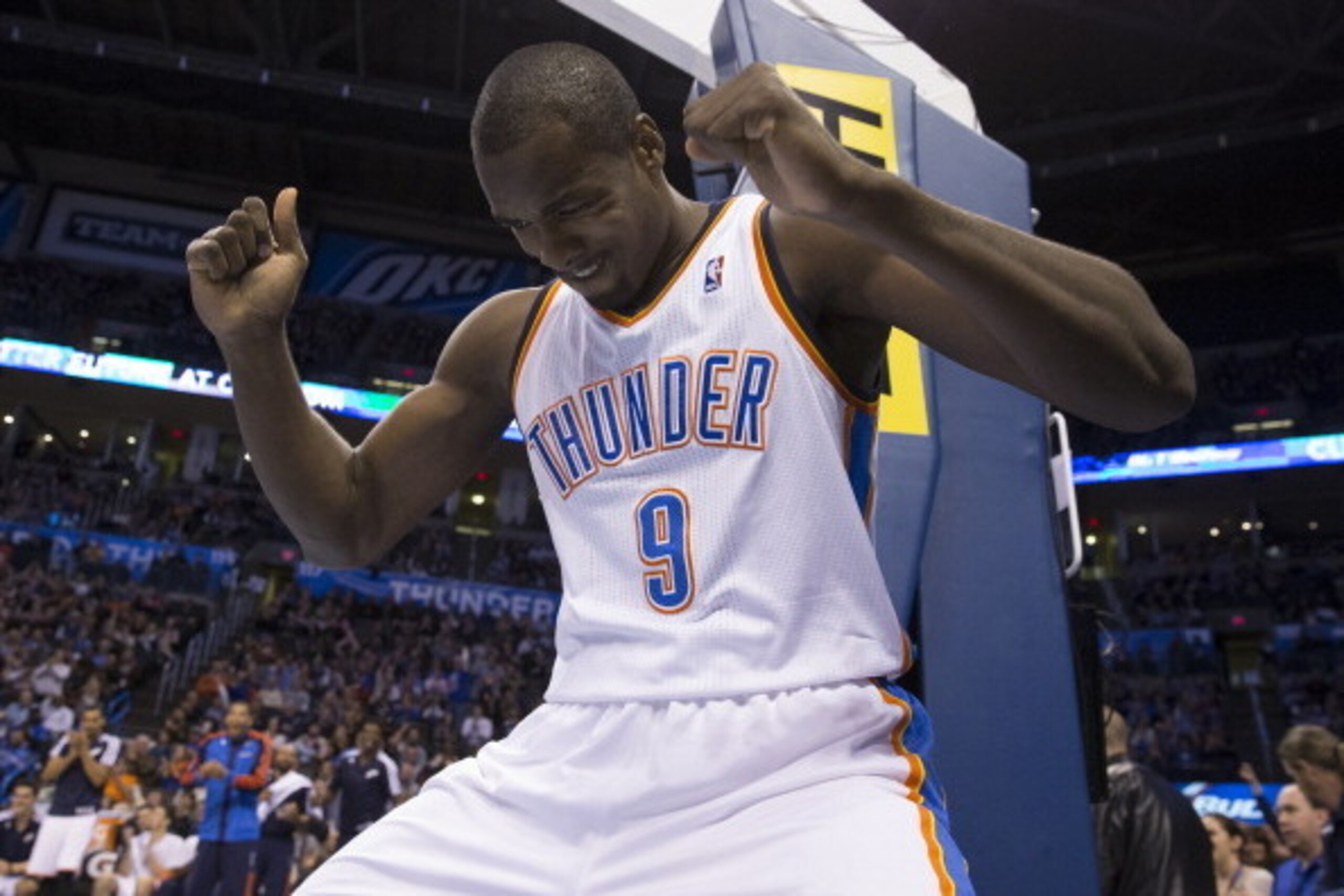 OKLAHOMA CITY, OK - JANUARY 2, 2014:  Serge Ibaka #9 of the Oklahoma City Thunder celebrates during the game against the Brooklyn Nets at the Chesapeake Arena on January 2, 2014 in Oklahoma City, Oklahoma. NOTE TO USER:  User expressly acknowledges and ag