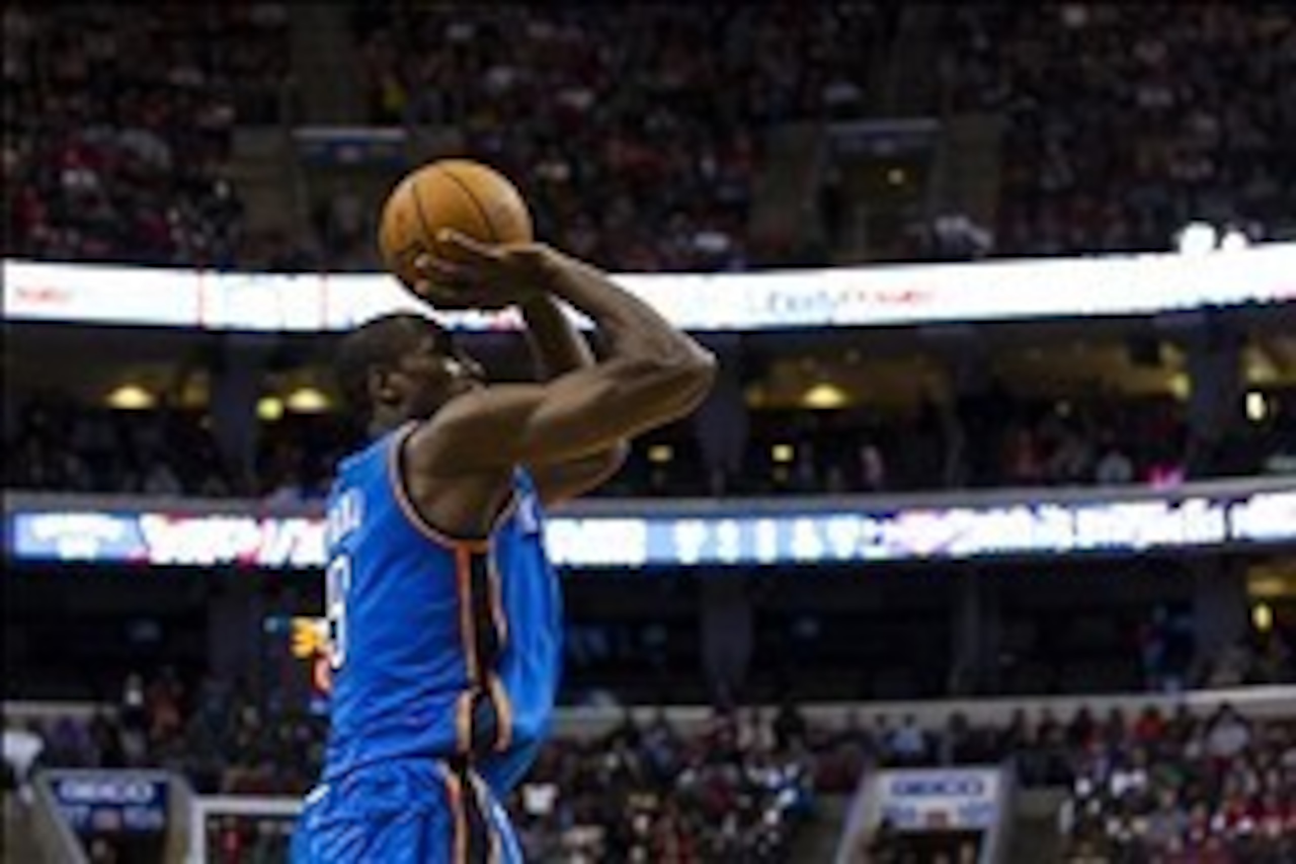 Nov 24, 2012; Philadelphia, PA, USA; Oklahoma City Thunder forward Serge Ibaka (9) shoots a jump shot during the second quarter against the Philadelphia 76ers at the Wachovia Center. Mandatory Credit: Howard Smith-USA TODAY Sports