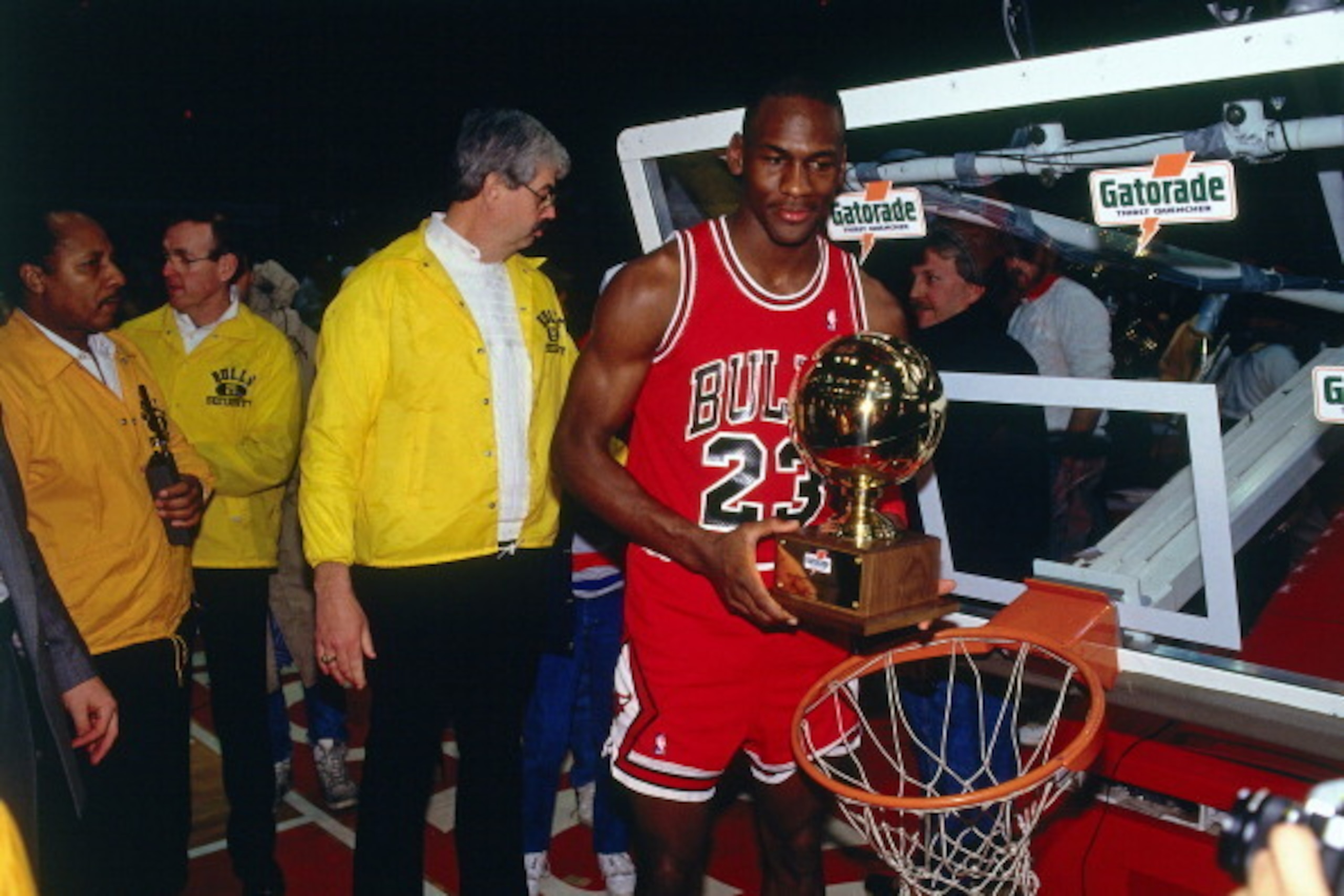 CHICAGO - FEBRUARY 6: Michael Jordan #23 of the Chicago Bulls poses for a photo after winning the 1988 NBA Slam Dunk Contest on February 6, 1988 at Chicago Stadium in Chicago, Illinois. NOTE TO USER: User expressly acknowledges and agrees that, by downloa