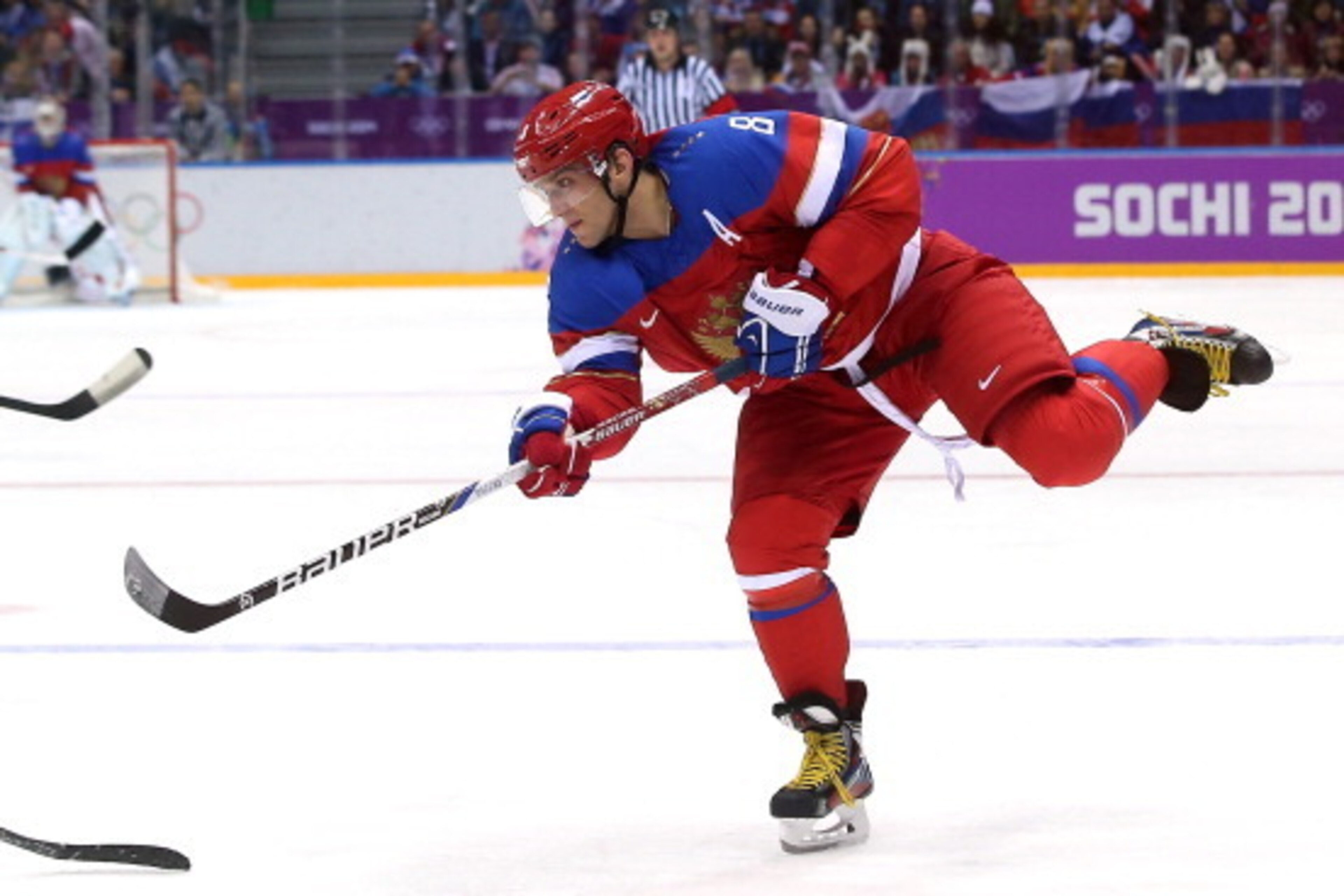 SOCHI, RUSSIA - FEBRUARY 13: Alexander Ovechkin #8 of Russia skates against Slovenia during the Men's Ice Hockey Preliminary Round Group A game on day six of the Sochi 2014 Winter Olympics at Bolshoy Ice Dome on February 13, 2014 in Sochi, Russia. (Phot SOCHI, RUSSIA - FEBRUARY 13: Alexander Ovechkin #8 of Russia skates against Slovenia during the Men's Ice Hockey Preliminary Round Group A game on day six of the Sochi 2014 Winter Olympics at Bolshoy Ice Dome on February 13, 2014 in Sochi, Russia. (Phot
