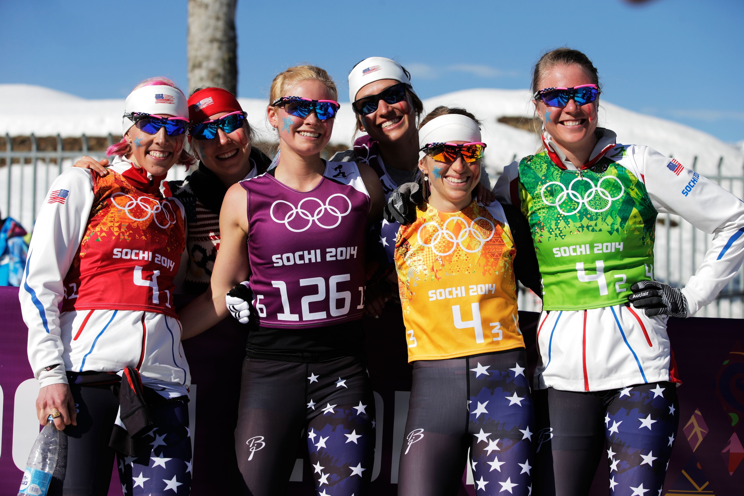 SOCHI, RUSSIA - FEBRUARY 15:  (L-R) Kikkan Randall, Jessica Diggins, Elizabeth Stephen and Sadie Bjornsen of the United States pose after competing in the Women's 4 x 5 km Relay during day eight of the Sochi 2014 Winter Olympics at Laura Cross-country Ski