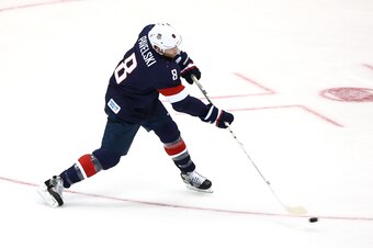 SOCHI, RUSSIA - FEBRUARY 15:  Joe Pavelski #8 of United States warms up before the game against Russia during the Men's Ice Hockey Preliminary Round Group A game on day eight of the Sochi 2014 Winter Olympics at Bolshoy Ice Dome on February 15, 2014 in So