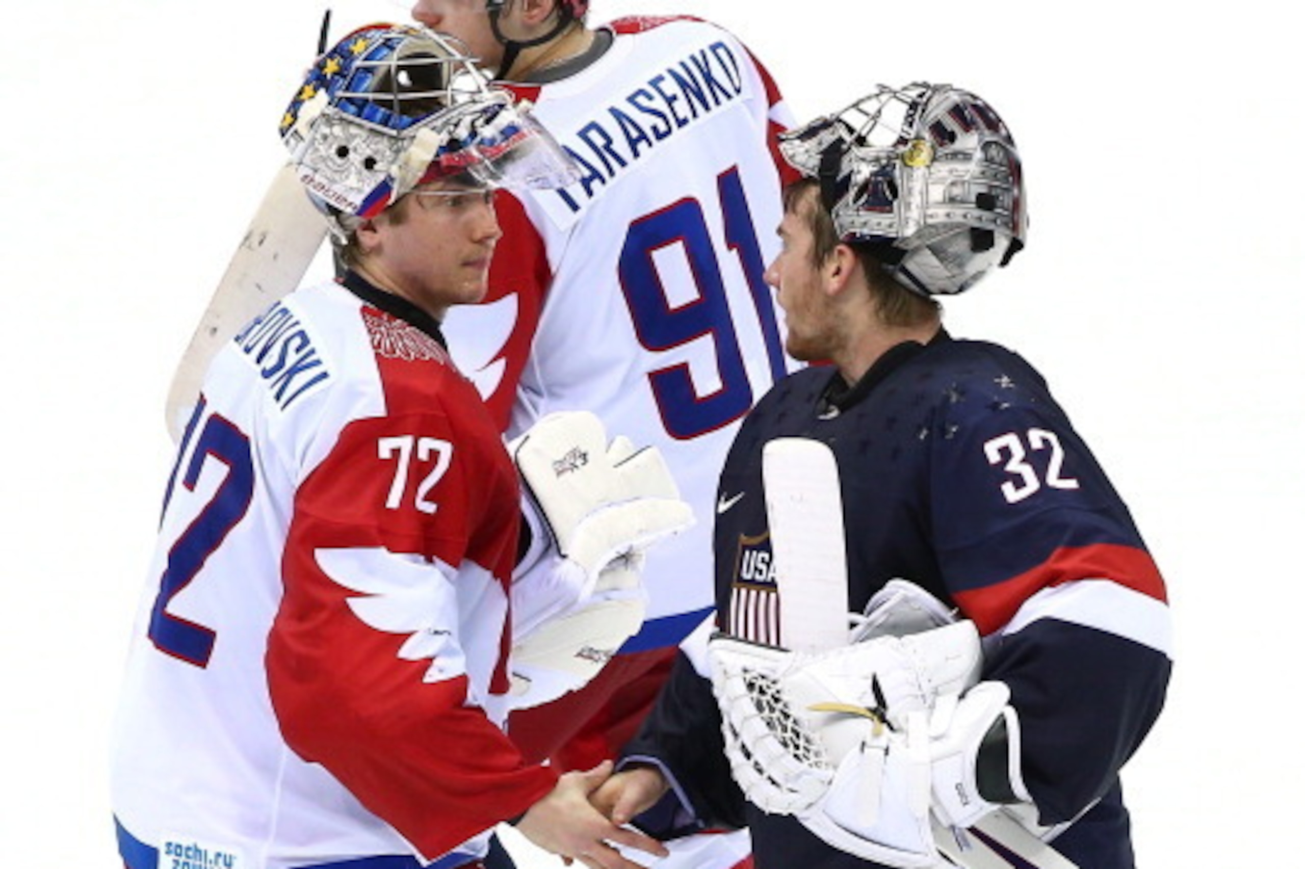 SOCHI, RUSSIA - FEBRUARY 15:  Jonathan Quick #32 of the United States and Sergei Bobrovski #72 of Russia shake hands after the United States won 3-2 against Russia during the Men's Ice Hockey Preliminary Round Group A game on day eight of the Sochi 2014 W