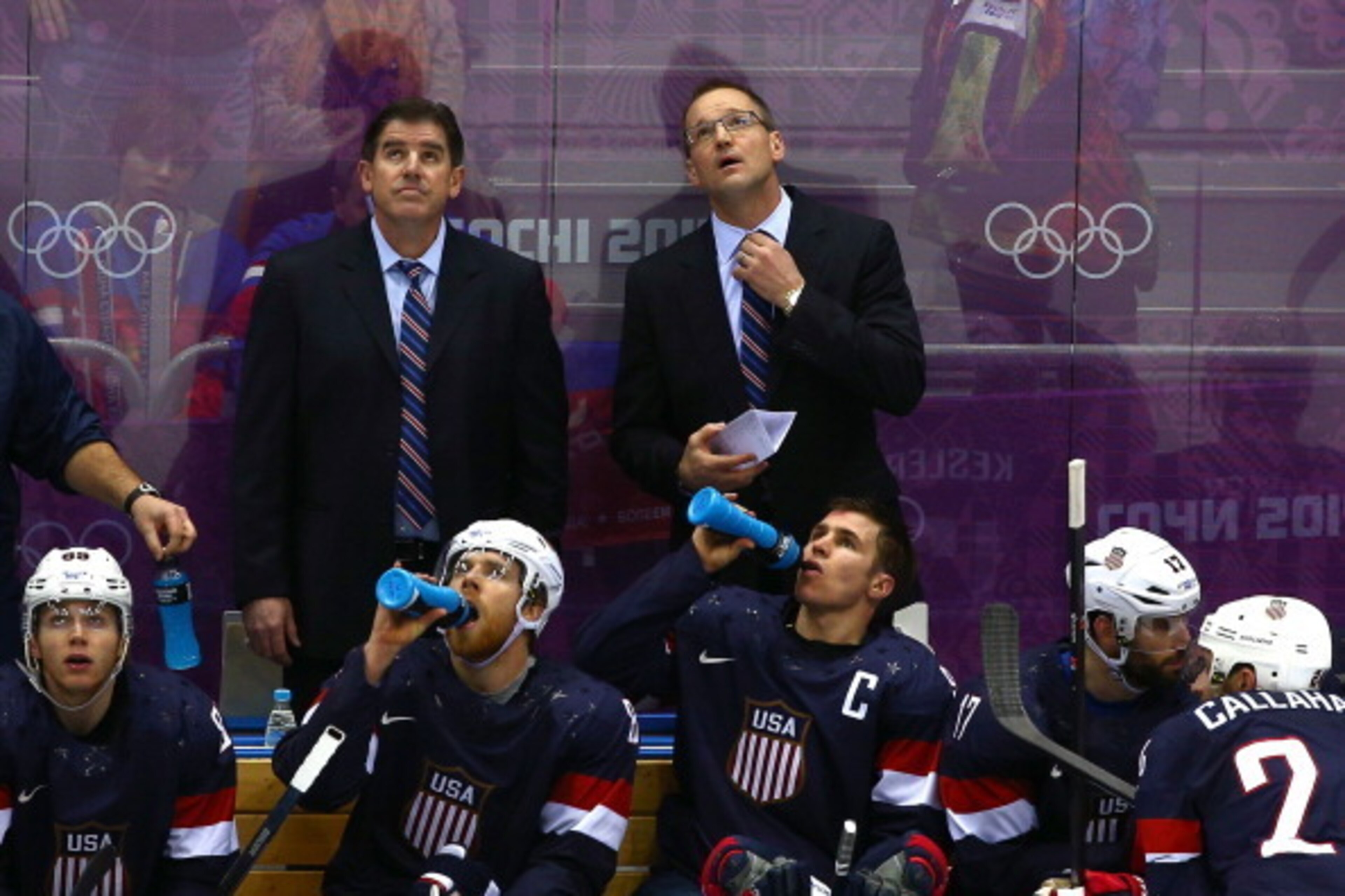 SOCHI, RUSSIA - FEBRUARY 15:  Head coach Dan Bylsma of the United States looks on in the third period against Russia during the Men's Ice Hockey Preliminary Round Group A game on day eight of the Sochi 2014 Winter Olympics at Bolshoy Ice Dome on February 