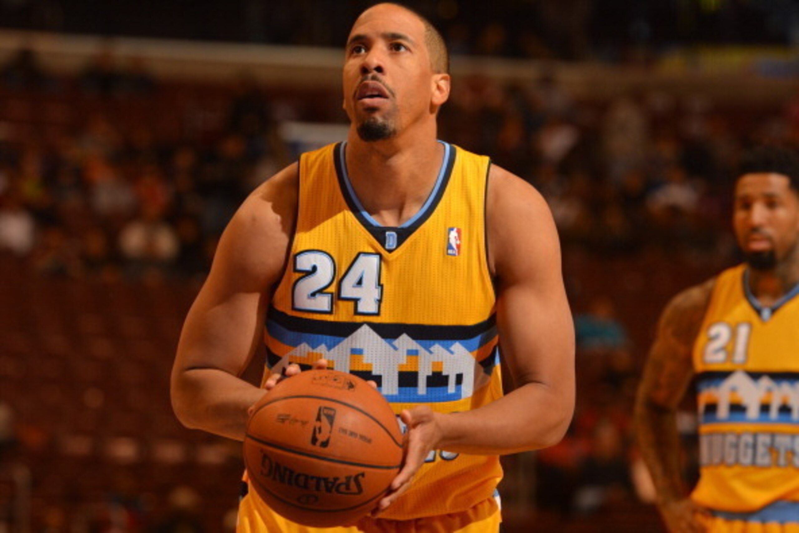 PHILADELPHIA, PA - DECEMBER 7:  Andre Miller #24 of the Denver Nuggets attempts a foul shot against the Philadelphia 76ers at the Wells Fargo Center on December 7, 2013 in Philadelphia, Pennsylvania. NOTE TO USER: User expressly acknowledges and agrees th