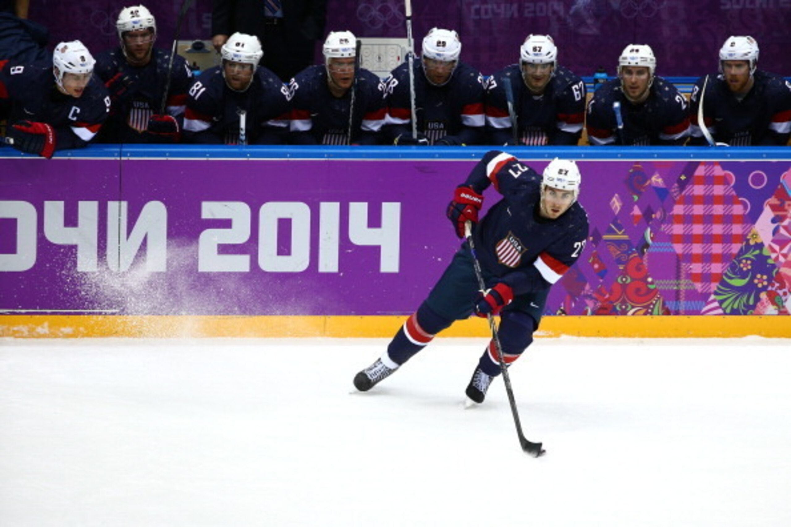 SOCHI, RUSSIA - FEBRUARY 15:  Ryan McDonagh #27 of United States controls the puck against Russia during the Men's Ice Hockey Preliminary Round Group A game on day eight of the Sochi 2014 Winter Olympics at Bolshoy Ice Dome on February 15, 2014 in Sochi, 