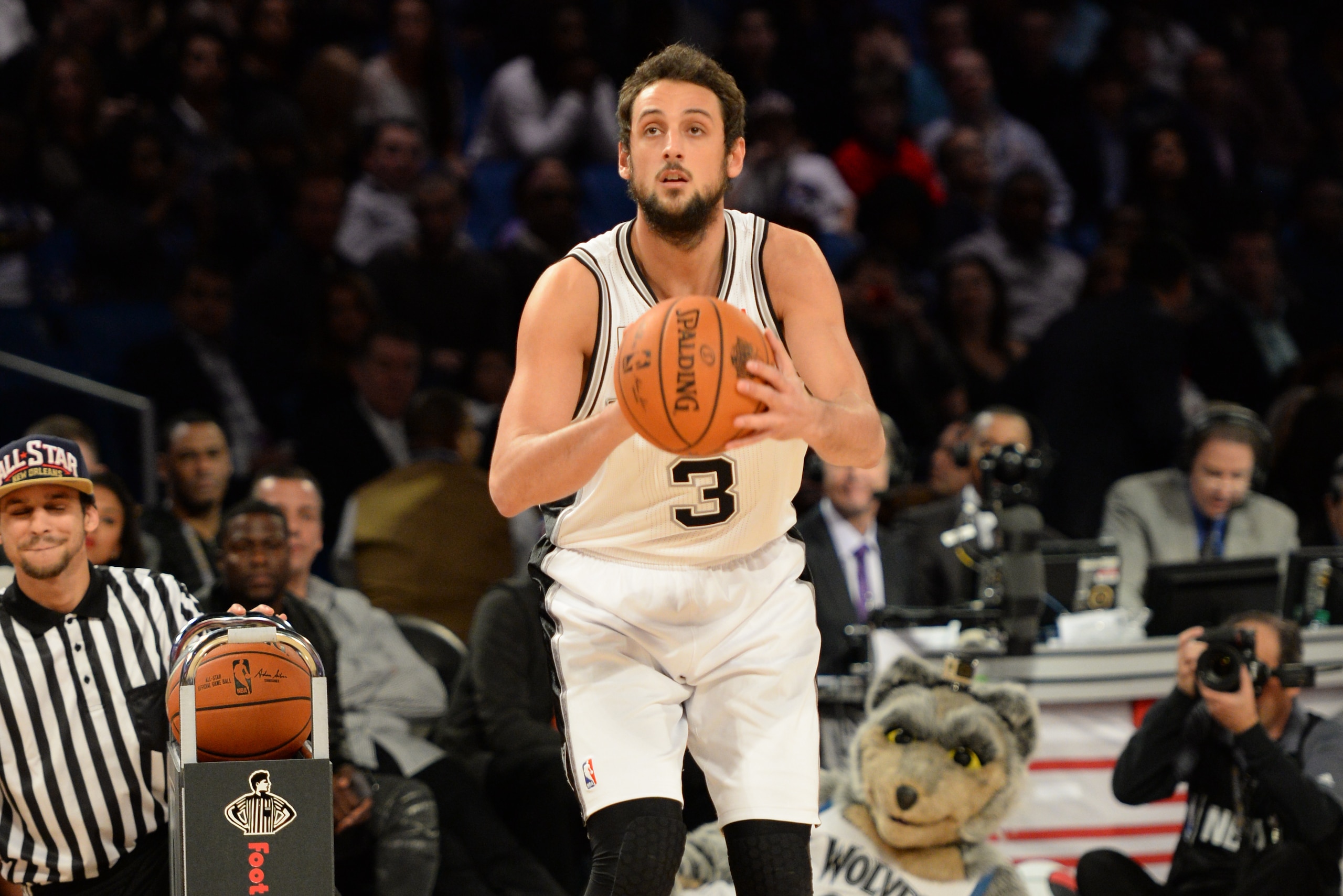 NEW ORLEANS, LA - FEBRUARY 15:  Marco Belinelli #3 of the San Antonio Spurs participates in the Foot Locker Three-Point Contest on State Farm All-Star Saturday Night as part of the 2014 All-Star Weekend at Smoothie King Center on February 15, 2014 in New
