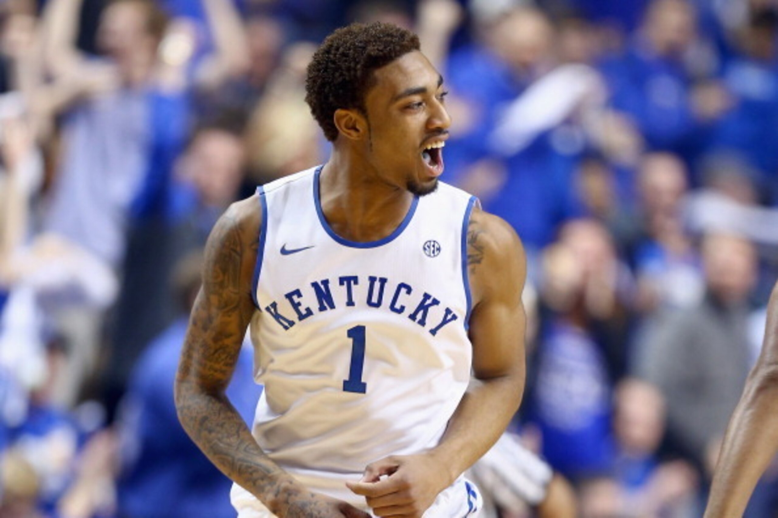 LEXINGTON, KY - FEBRUARY 15: James Young #1 of the Kentucky Wildcats celebrates during the game against the Florida Gators at Rupp Arena on February 15, 2014 in Lexington, Kentucky. (Photo by Andy Lyons/Getty Images) LEXINGTON, KY - FEBRUARY 15: James Young #1 of the Kentucky Wildcats celebrates during the game against the Florida Gators at Rupp Arena on February 15, 2014 in Lexington, Kentucky. (Photo by Andy Lyons/Getty Images)