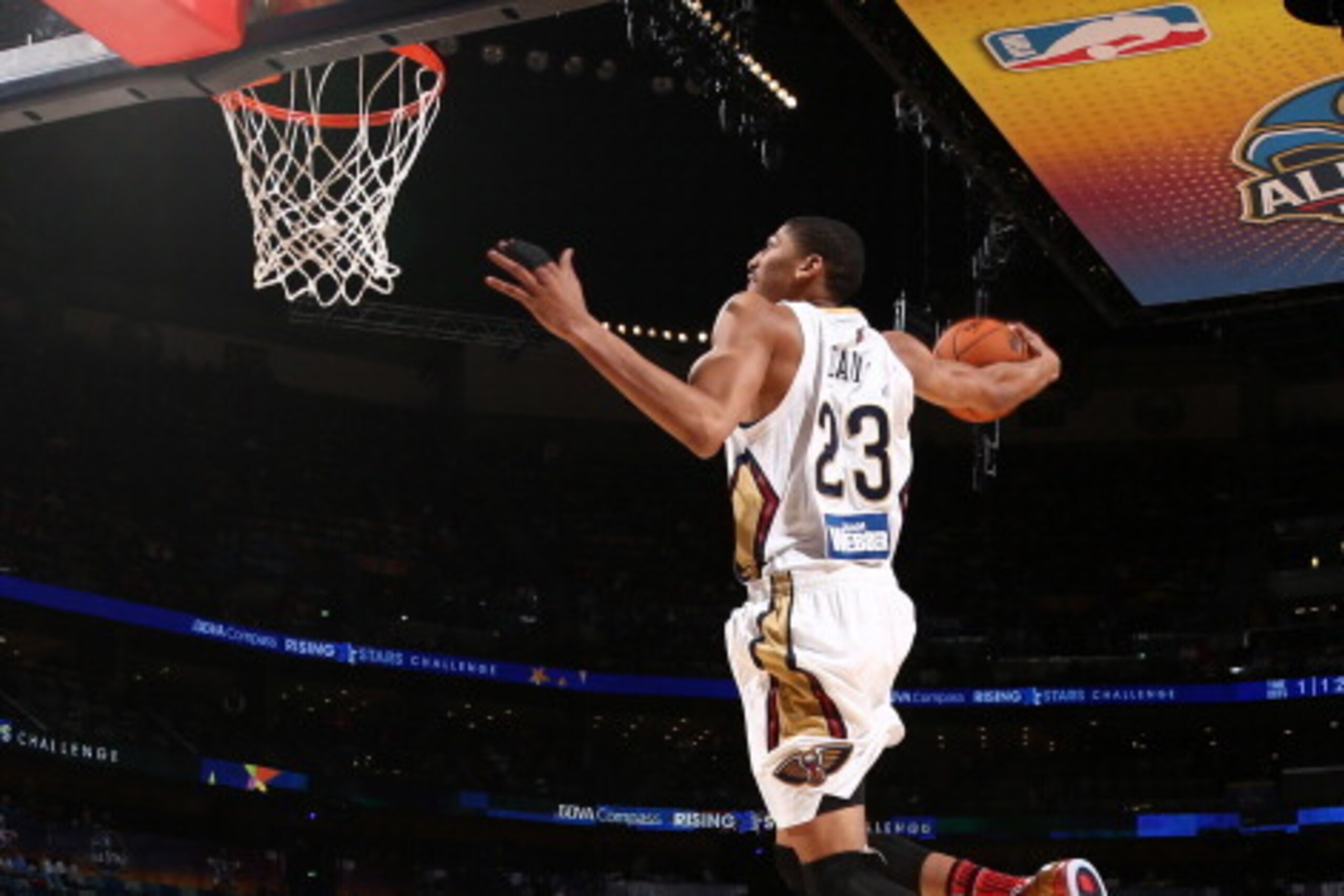 NEW ORLEANS, LA - FEBRUARY 14: Anthony Davis of Team Webber dunks on a fast break during the 2014 BBVA Compass Rising Stars Challenge at Smoothie King Center in New Orleans. NOTE TO USER: User expressly acknowledges and agrees that, by downloading and or 