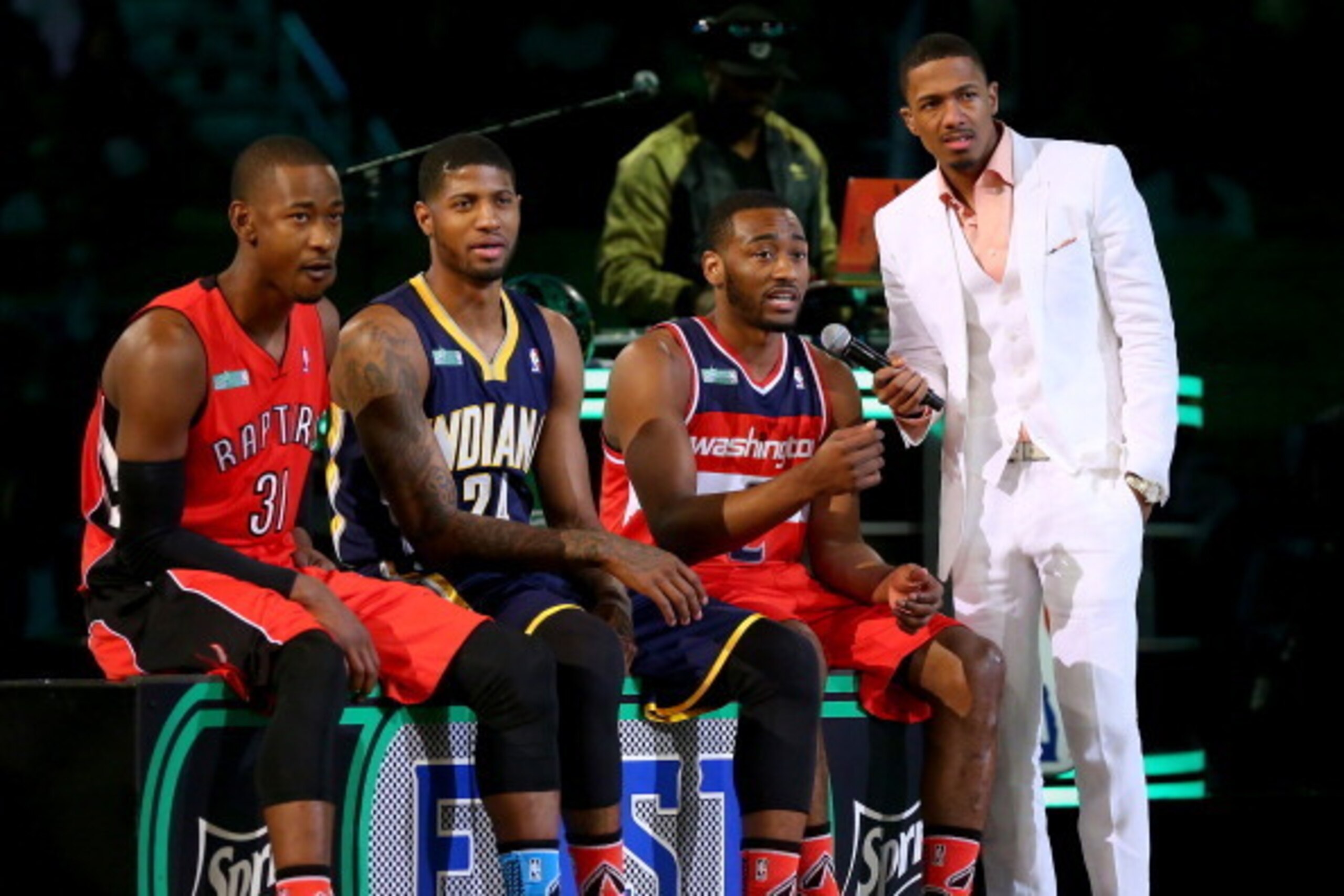 NEW ORLEANS, LA - FEBRUARY 15: Eastern Conference All-Stars Terrence Ross #31 of the Toronto Raptors, Paul George #24 of the Indiana Pacers and John Wall #2 of the Washington Wizards speak to host Nick Cannon during the Sprite Slam Dunk Contest 2014 as p NEW ORLEANS, LA - FEBRUARY 15: Eastern Conference All-Stars Terrence Ross #31 of the Toronto Raptors, Paul George #24 of the Indiana Pacers and John Wall #2 of the Washington Wizards speak to host Nick Cannon during the Sprite Slam Dunk Contest 2014 as p