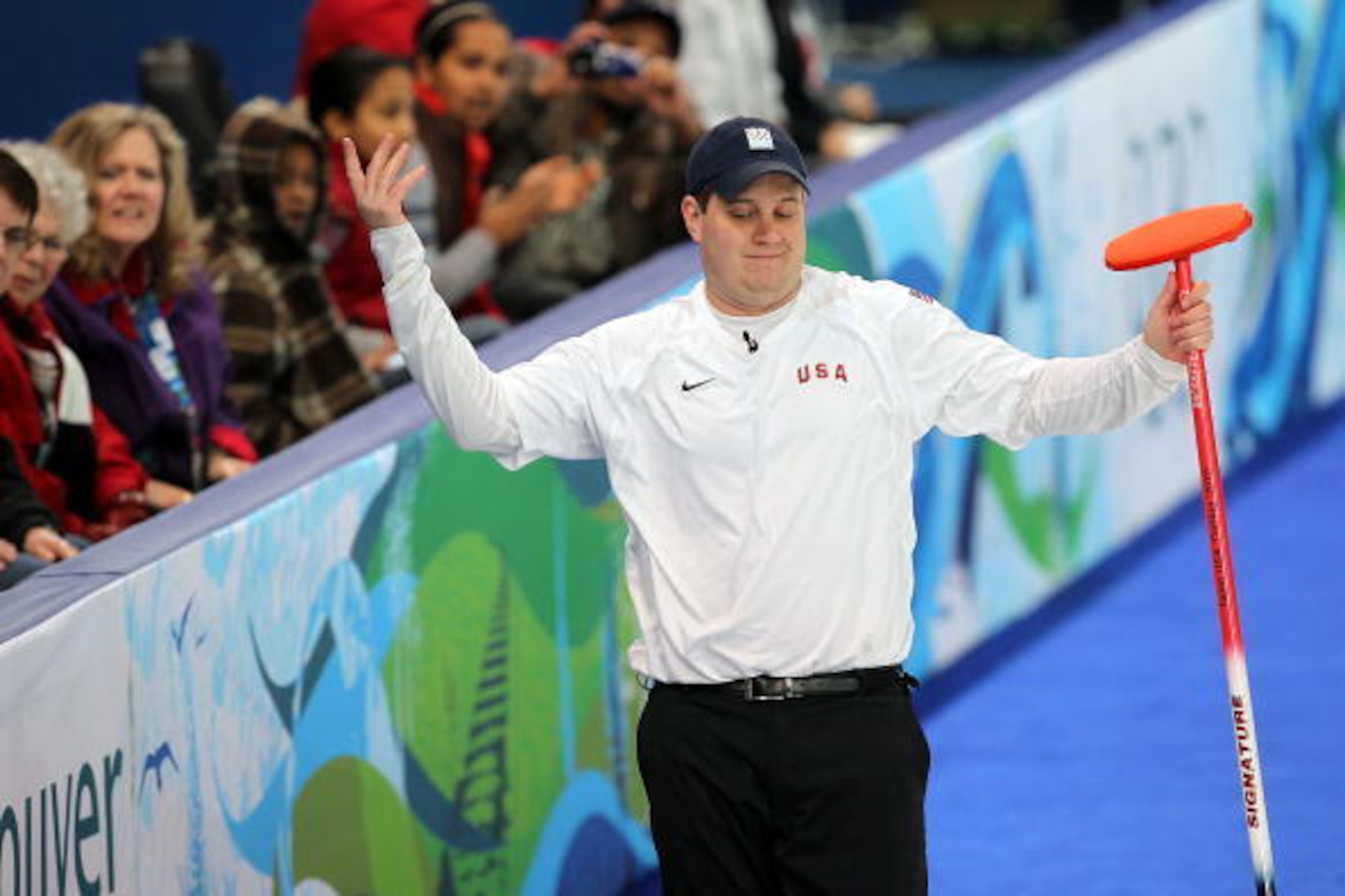 VANCOUVER, BC - FEBRUARY 18:  Skip John Shuster of the USA reacts during the men's curling round robin game against Denmark on day 7 of the Vancouver 2010 Winter Olympics at Vancouver Olympic Centre on February 18, 2010 in Vancouver, Canada.  (Photo by Ja