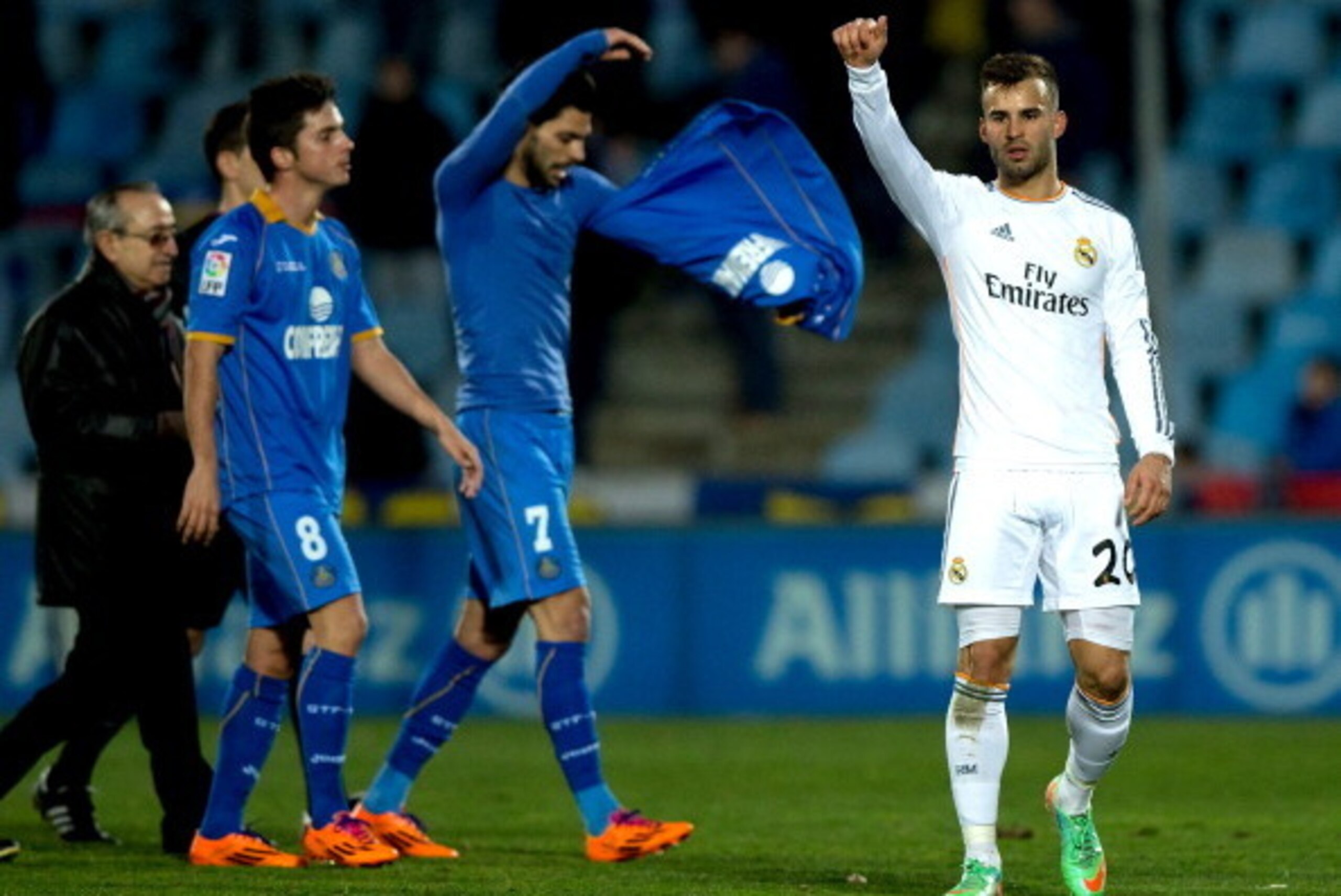 GETAFE, SPAIN - FEBRUARY 16:  Jese Rodriguez of Real Madrid CF greets Real Madrid fans ahead Getafe CF players after the La Liga match between Getafe CF and Real Madrid CF at Coliseum Alfonso Perez on February 16, 2014 in Getafe, Spain.  (Photo by Gonzalo