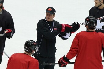 SOCHI, RUSSIA - FEBRUARY 10:  Head coach Mike Babcock conducts Team Canada practice on day three of the Sochi 2014 Winter Olympics at Bolshoy Arena on February 10, 2014 in Sochi, Russia.  (Photo by Bruce Bennett/Getty Images)