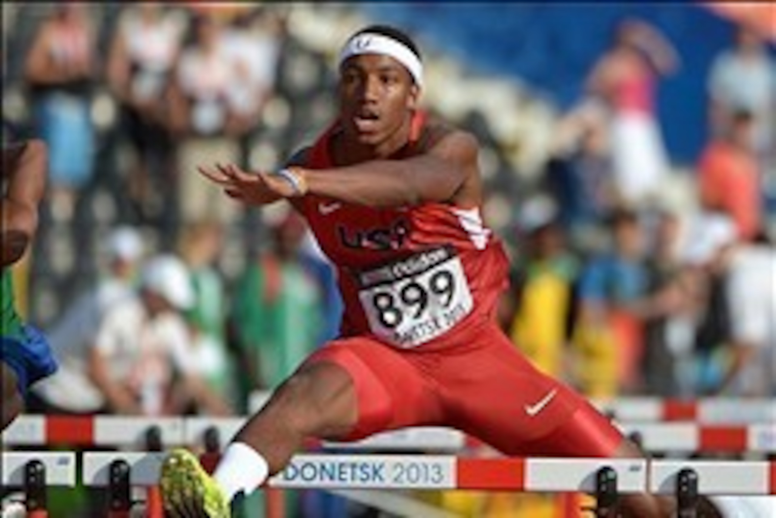 Jul 12, 2013; Donetsk, UKRAINE; Marlon Humphrey (USA) wins 110m hurdles semifinal in 13.28 in the 2013 IAAF World Youth Championships at Olimpiyskiy Stadium. Mandatory Credit: Kirby Lee-USA TODAY Sports