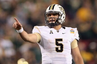 GLENDALE, AZ - JANUARY 01:  Quarterback Blake Bortles #5 of the UCF Knights during the Tostitos Fiesta Bowl against the Baylor Bears at University of Phoenix Stadium on January 1, 2014 in Glendale, Arizona.  (Photo by Christian Petersen/Getty Images)