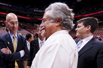 MIAMI, FL - JUNE 17: NBA Commissioner David Stern, from left, and deputy commissioner Adam Silver speak with Micky Arison, owner of the Miami Heat, before Game Three of the 2012 NBA Finals between the Oklahoma City Thunder and Heat at American Airlines Ar