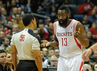 Feb 8, 2014; Milwaukee, WI, USA;  Houston Rockets guard James Harden (13) argues with a referee after getting a technical foul during the game against the Milwaukee Bucks in the 2nd quarter at BMO Harris Bradley Center. Mandatory Credit: Benny Sieu-USA TO